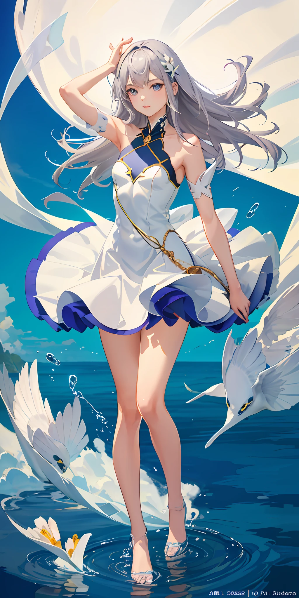 Top quality, full body, high quality texture, fine-grained, realistic expression of face, detailed skin, anime, girl, gentle eyes, sexy, mix, model, illustration, portrait, waist shot, ws, semi-real, princess, dress, white dress, mini skirt, fair skin, wind flower, grassland, water lake, sun, light, (small breasts), gray hair