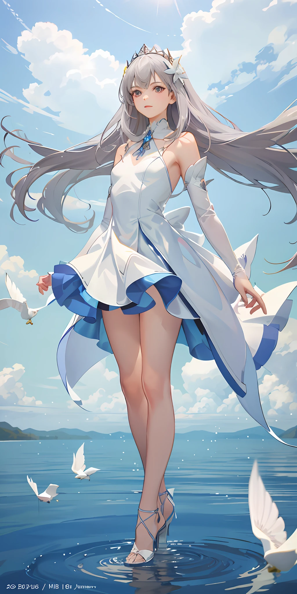Top quality, full body, high quality texture, fine-grained, realistic expression of face, detailed skin, anime, girl, gentle eyes, sexy, mix, model, illustration, portrait, waist shot, ws, semi-real, princess, dress, white dress, mini skirt, fair skin, wind flower, grassland, water lake, sun, light, (small breasts), gray hair