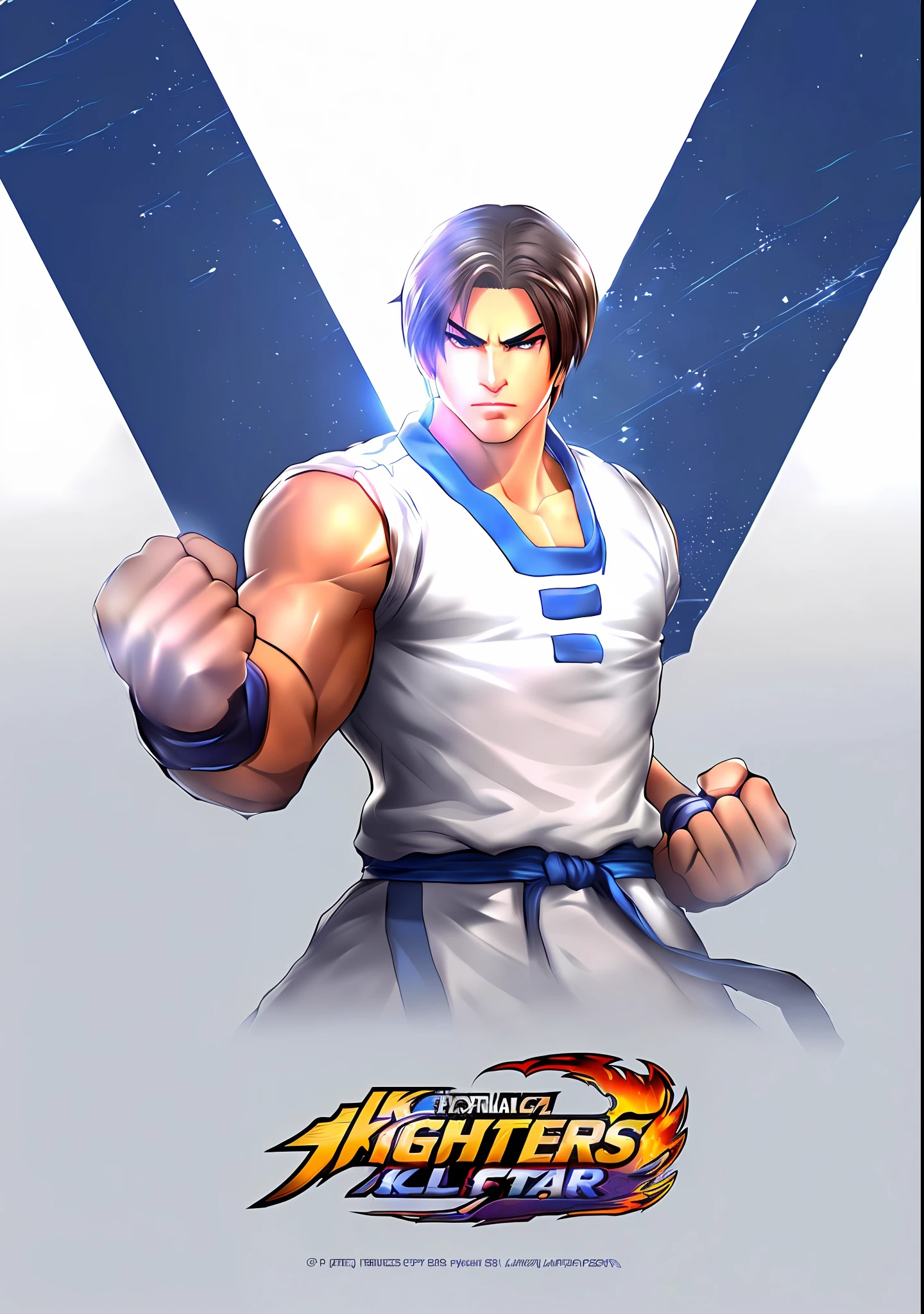 a close up of a cartoon character with a fist in his hand, character from king of fighters, fighting game character, Kim, as a character in tekken, king of fighters style, snk, fighter pose, official art, fan art, of virtua figther, inspired by Daryush Shokof, official character art, tsurumaki kazuya, extremely detailed hands, 3D, hyper realistic