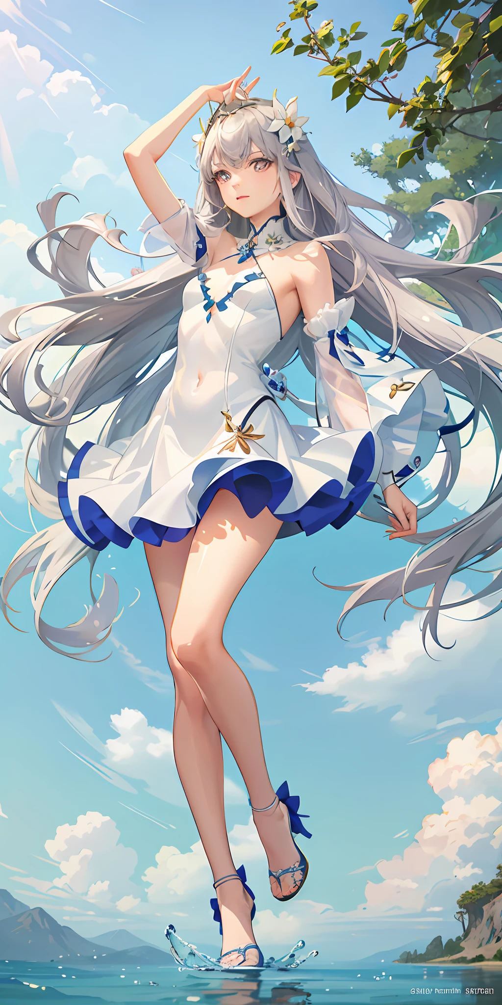 Top quality, full body, high quality texture, fine-grained, realistic expression of face, detailed skin, anime, girl, gentle eyes, sexy, mix, model, illustration, portrait, waist shot, ws, semi-real, princess, dress, white dress, mini skirt, fair skin, wind flower, grassland, water lake, sun, light, (small breasts), gray hair