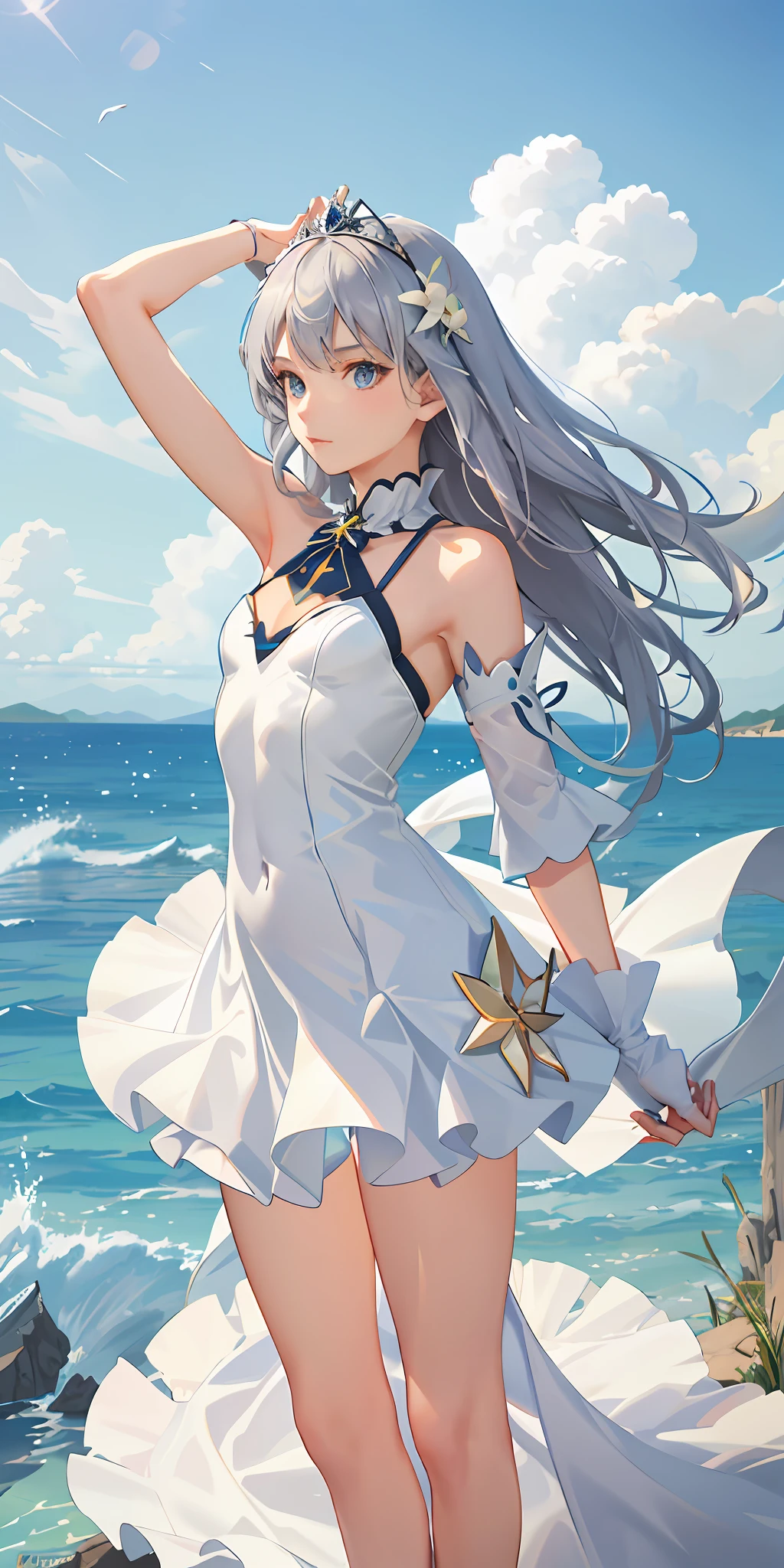 Top quality, full body, high quality texture, fine-grained, realistic expression of face, detailed skin, anime, girl, gentle eyes, sexy, mix, model, illustration, portrait, waist shot, ws, semi-real, princess, dress, white dress, mini skirt, fair skin, wind flower, grassland, water lake, sun, light, (small breasts), gray hair