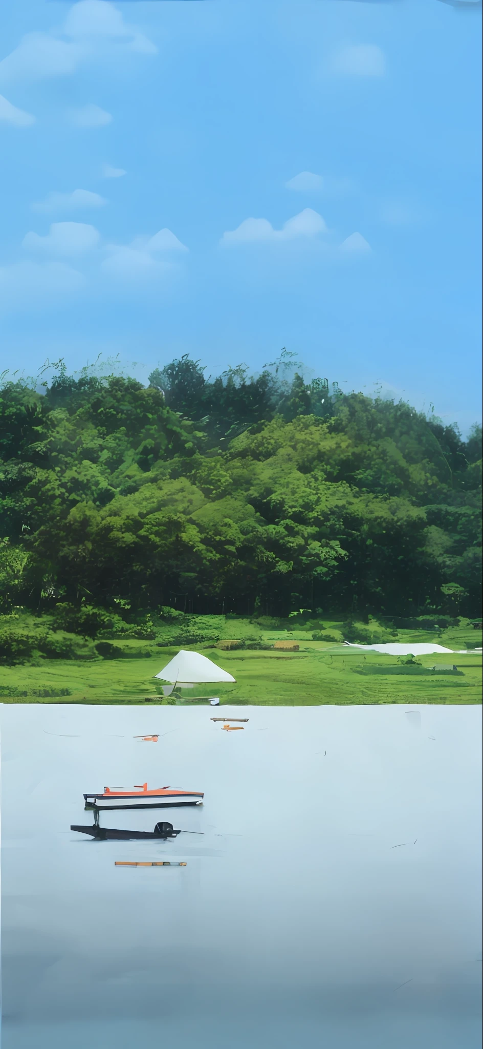 boats are floating in the water near a grassy hill, river and trees and hills, bamboo huts, travel, bamboo forest in the background, korean countryside, laos, assam tea village background, camp, festival, scenery, daoshi, paddy fields and river flowing, background: assam tea garden, lake in the background, a green, hills in the background, hut