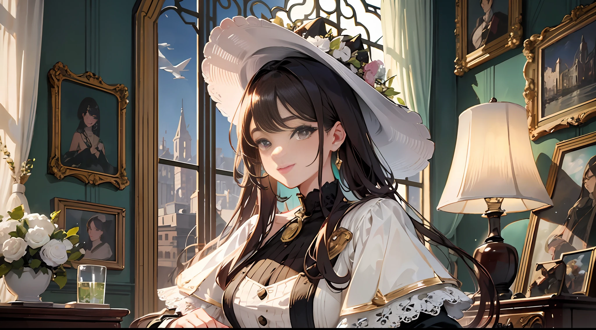The image of the "retro girl" is painted in a realistic style. She is stylish with retro elements.Her hair is shoulder-length, lightly wavy, and colored brown to red. Her hair is shiny, textured, and delicately tousled.Her face has a realistic expression with fine details reproduced. Her eyes are large, and her eyelashes and pupils are vividly tinted. Her smiling mouth and the shading on her cheeks are also realistically rendered.Her clothes are retro yet highly detailed. Fine stitching, buttons, and lace embellishments are realistically rendered and evoke a sense of the period. Elegant elements such as dressy coats, vintage dresses, and glamorous hats are incorporated.The backgrounds depict realistic environments. There are intricate details and light in the cityscape and interior spaces. Retro buildings, furniture, and antique sundries are arranged to give a vivid sense of the historical background.Her facial expressions and poses convey an atmosphere of intelligence and sophistication. Her gaze is confident and radiates charm to those around her.