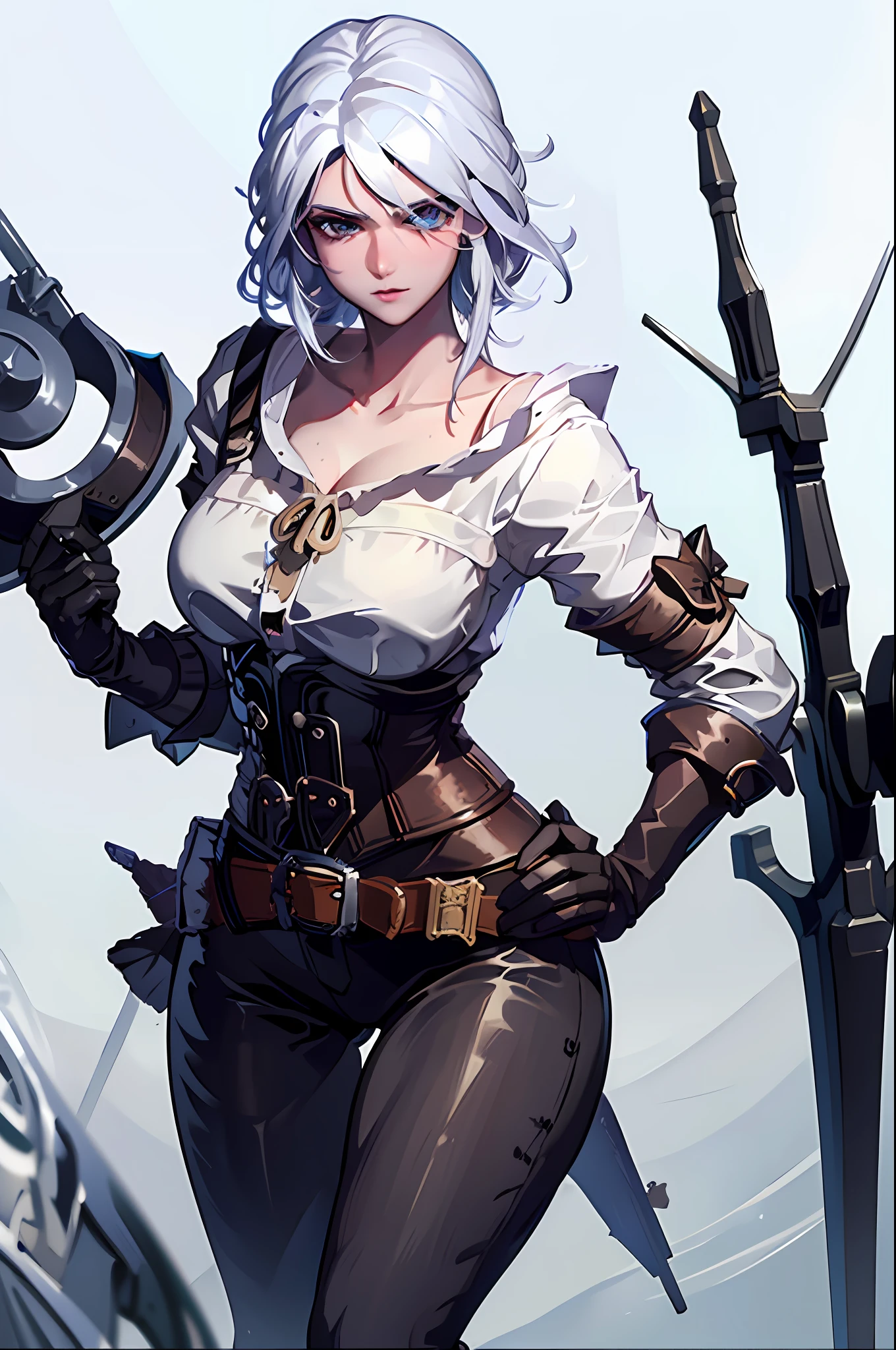(8k, best quality, masterpiece: 1.2), ((best quality)), white hair, stands, shirt, cleavage, black leggings, ass, wide hips, siri, woman