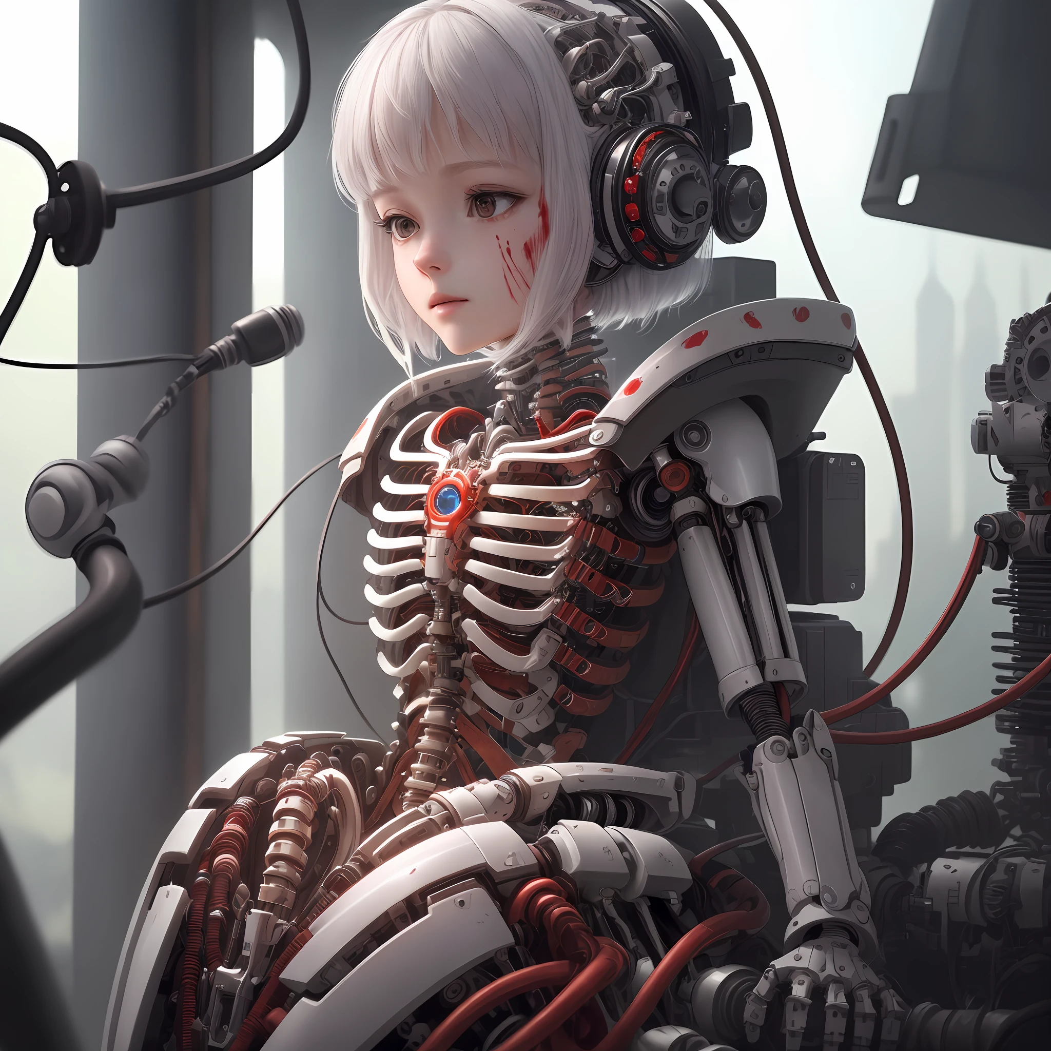 (masterpiece, high quality, best quality, official art, beautiful and aesthetic: 1.2), (one girl: 1.3), highly detailed, colorful, highly detailed ((highly detailed)), (highly detailed CG illustration), ((an Very delicate and beautiful)), (from the side), cinematic light, ((mechanical girl)), solo, full body, (motorized joints: 1.2), ((mechanical limbs)), (blood vessels connected to tubes), (ligation of a vertebra mechanical with the back), ((cervix mechanically attached to the neck)), (sitting), expressionless, (wires and cables attached to the neck: 1.2), (wires and cables to the head: 1.2) (character focus), science fiction, white background, ( blood: 1.5) الكثير من الدماء ، الدماء في كل مكان ، كل شيء ابيض ، لا ملابس ، لا ملابس