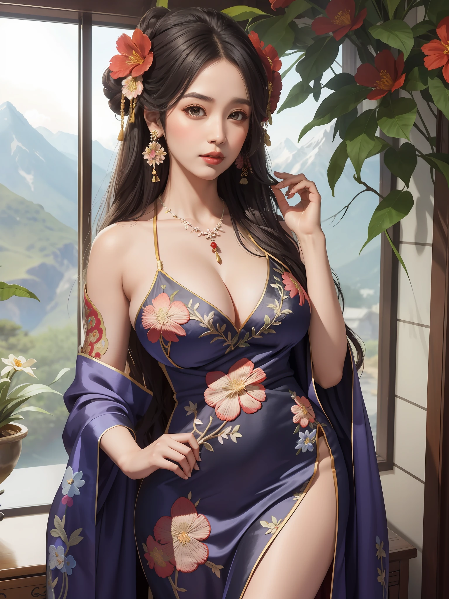 1girl, (large breasts:1.4), cleavage, (silky traditional oriental dress with (floral embroidery:1.2)), tight fitting dress, lips, necklace, earrings, long_hair, looking_at_viewer, mountain, pantyhose, realistic, solo, tree