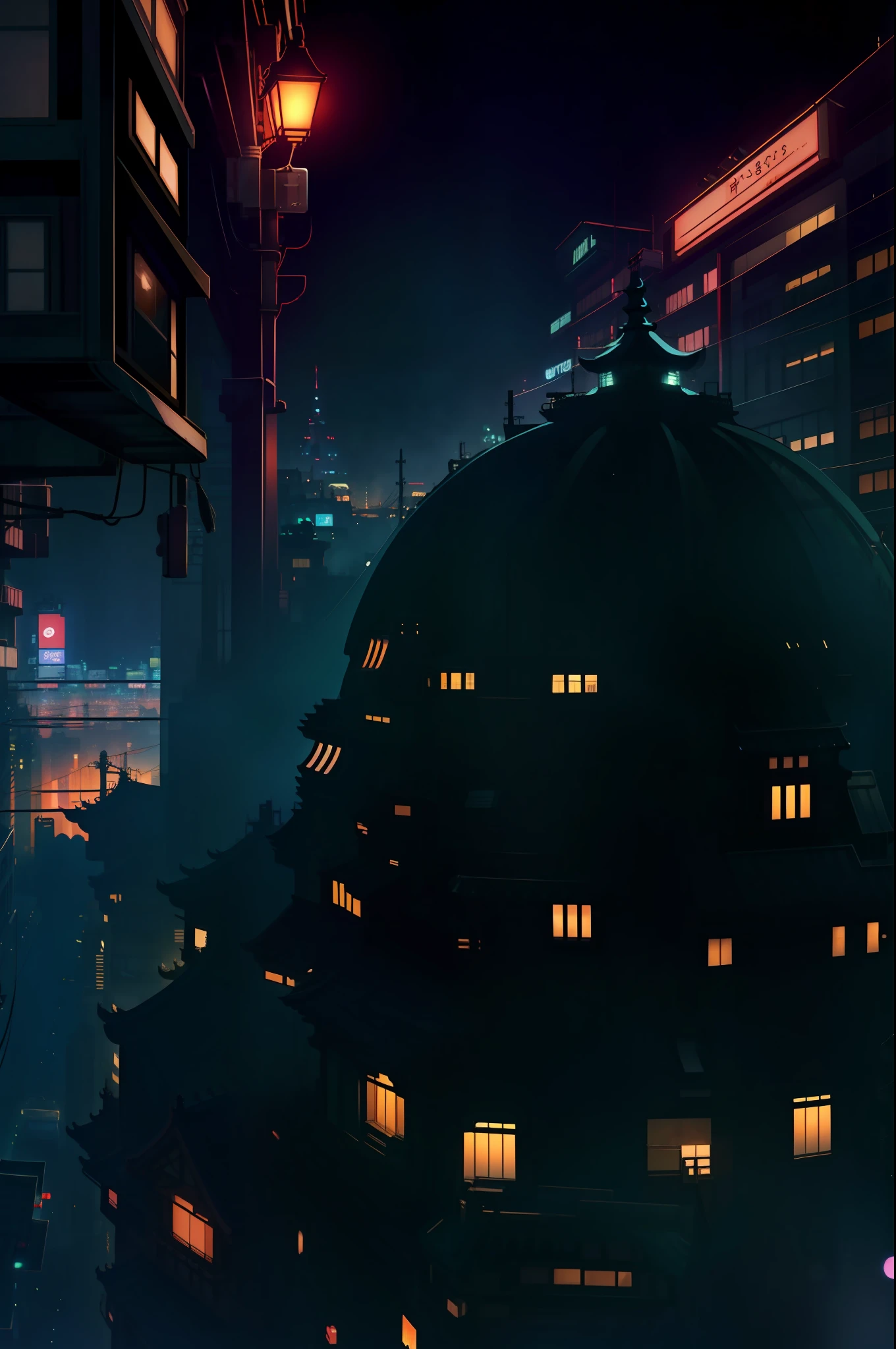 Night scene of city streets, transparent crowds, anime-style cityscape, anime background art, dramatic lighting. Conceptual art, gloomy. Spirited Away, Miyazaki style, HD anime cityscape, anime scene, overhead. Volume lighting, town at night, city at night, anime landscape concept art, calm night. Digital illustration