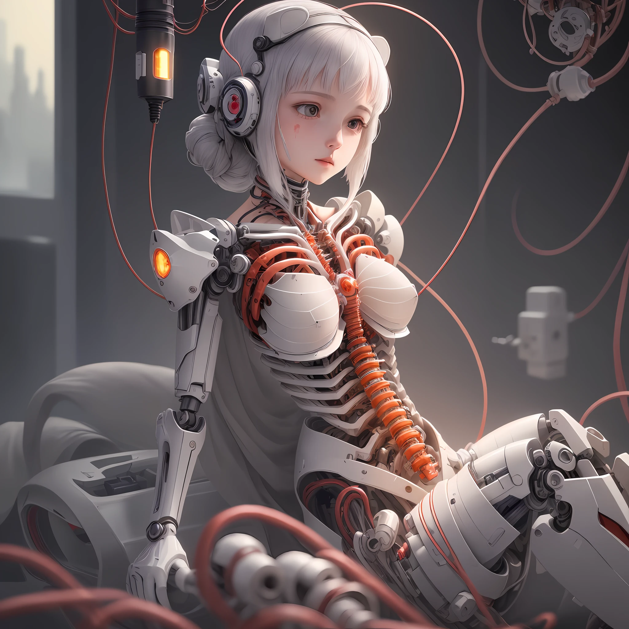(masterpiece, high quality, best quality, official art, beautiful and aesthetic: 1.2), (one girl: 1.3), highly detailed, colorful, highly detailed ((highly detailed)), (highly detailed CG illustration), ((an  Very delicate and beautiful)), (from the side), cinematic light, ((mechanical girl)), solo, full body, (motorized joints: 1.2), ((mechanical limbs)), (blood vessels connected to tubes), (ligation of a vertebra  mechanical with the back), ((cervix mechanically attached to the neck)), (sitting), expressionless, (wires and cables attached to the neck: 1.2), (wires and cables to the head: 1.2) (character focus), science fiction, white background, (  blood: 1.5) الكثير من الدماء ، الدماء في كل مكان ، كل شيء ابيض ، لا ملابس ، لا ملابس