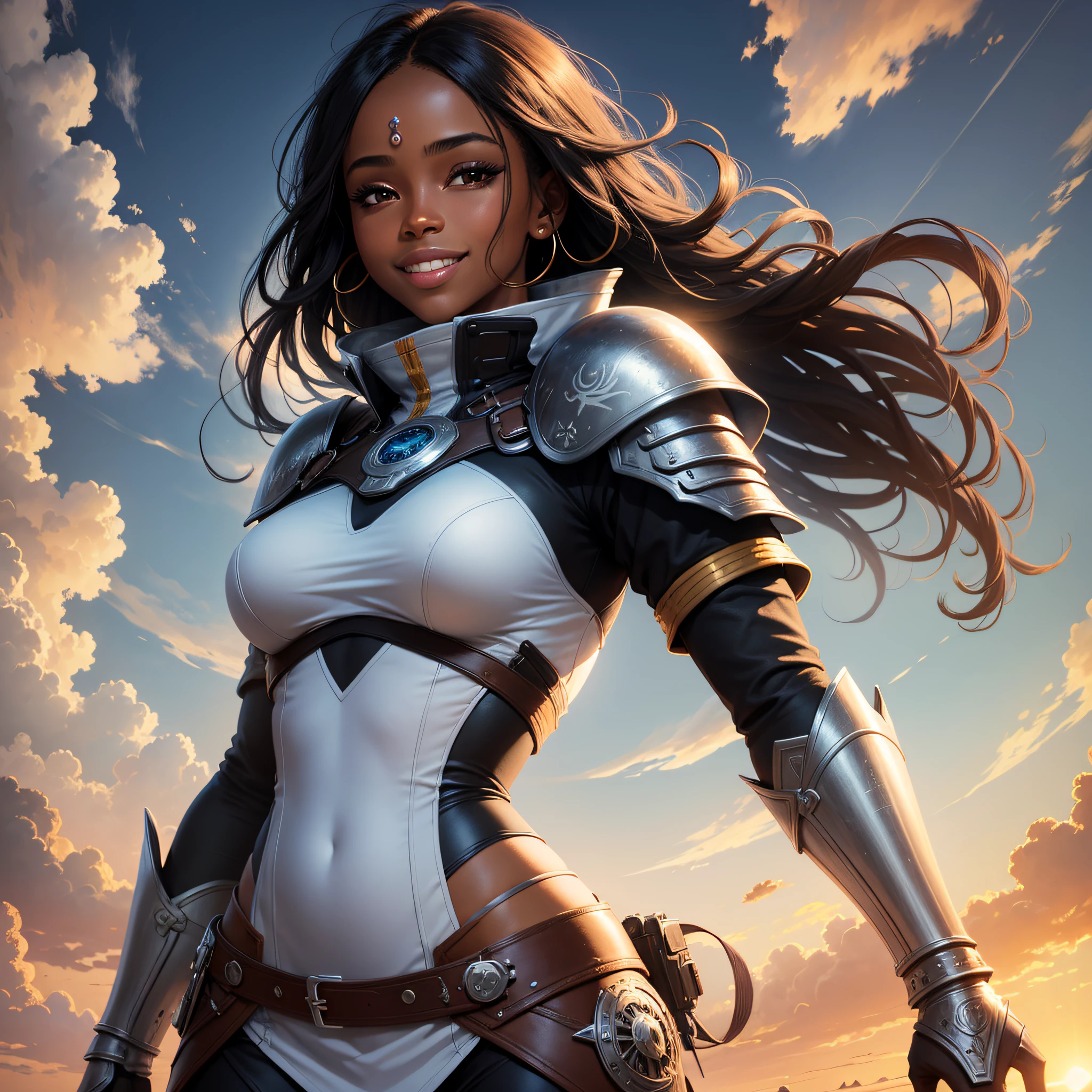 illustration of black woman warrior, wearing clothes over the body, wearing cover in back, with a light anda confident smile, background with sky and clouds and sun sett