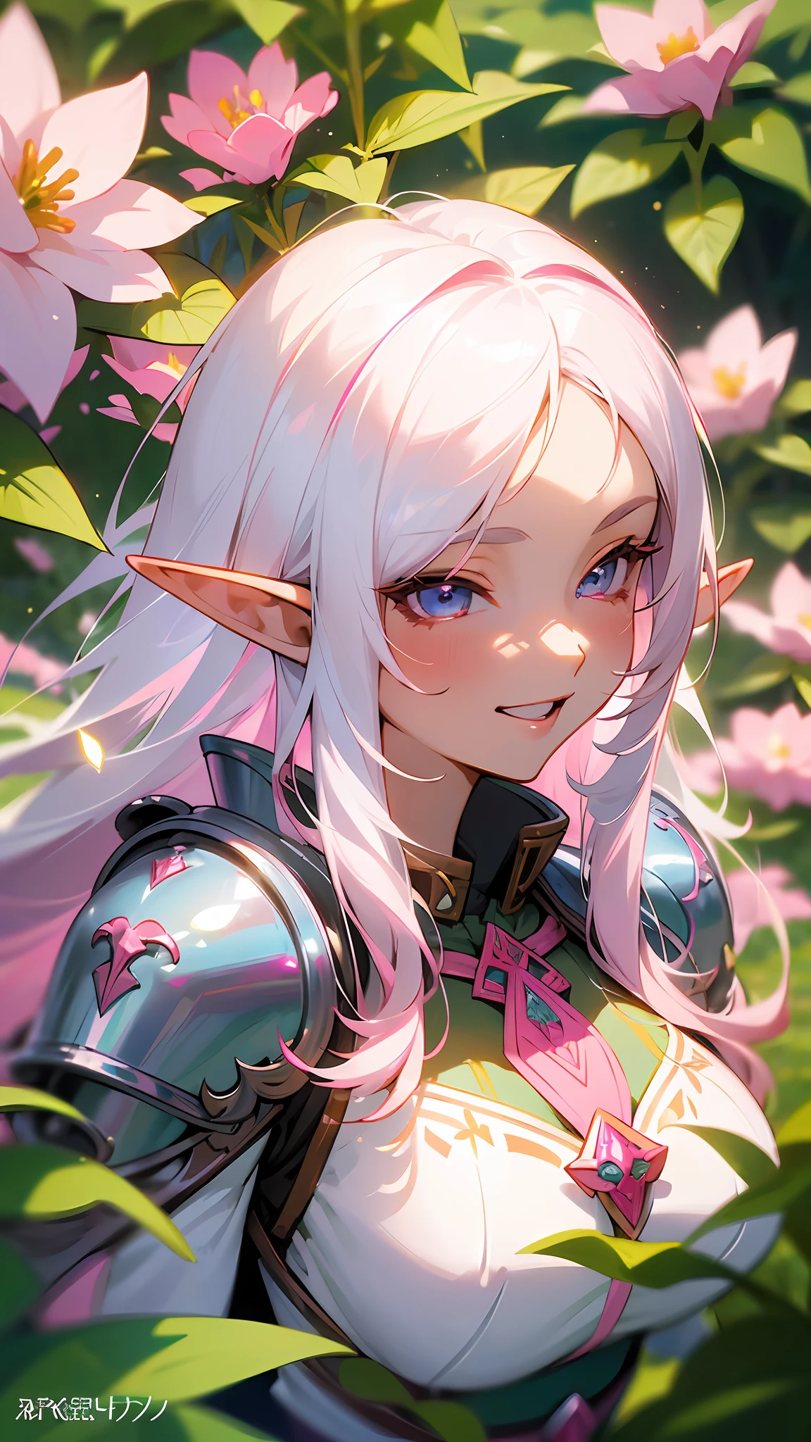 (masterpiece, best quality), Anime style, concept art, character sheet close up, 1woman elf with long ((white hair)) , ((big brest)) laughing, ((in a field of pink colored plants and flowers)), ((elf)), armor, warm lighting, white dress, blurry foreground, looking at viewer, neon sparkles ✨ --auto --s2