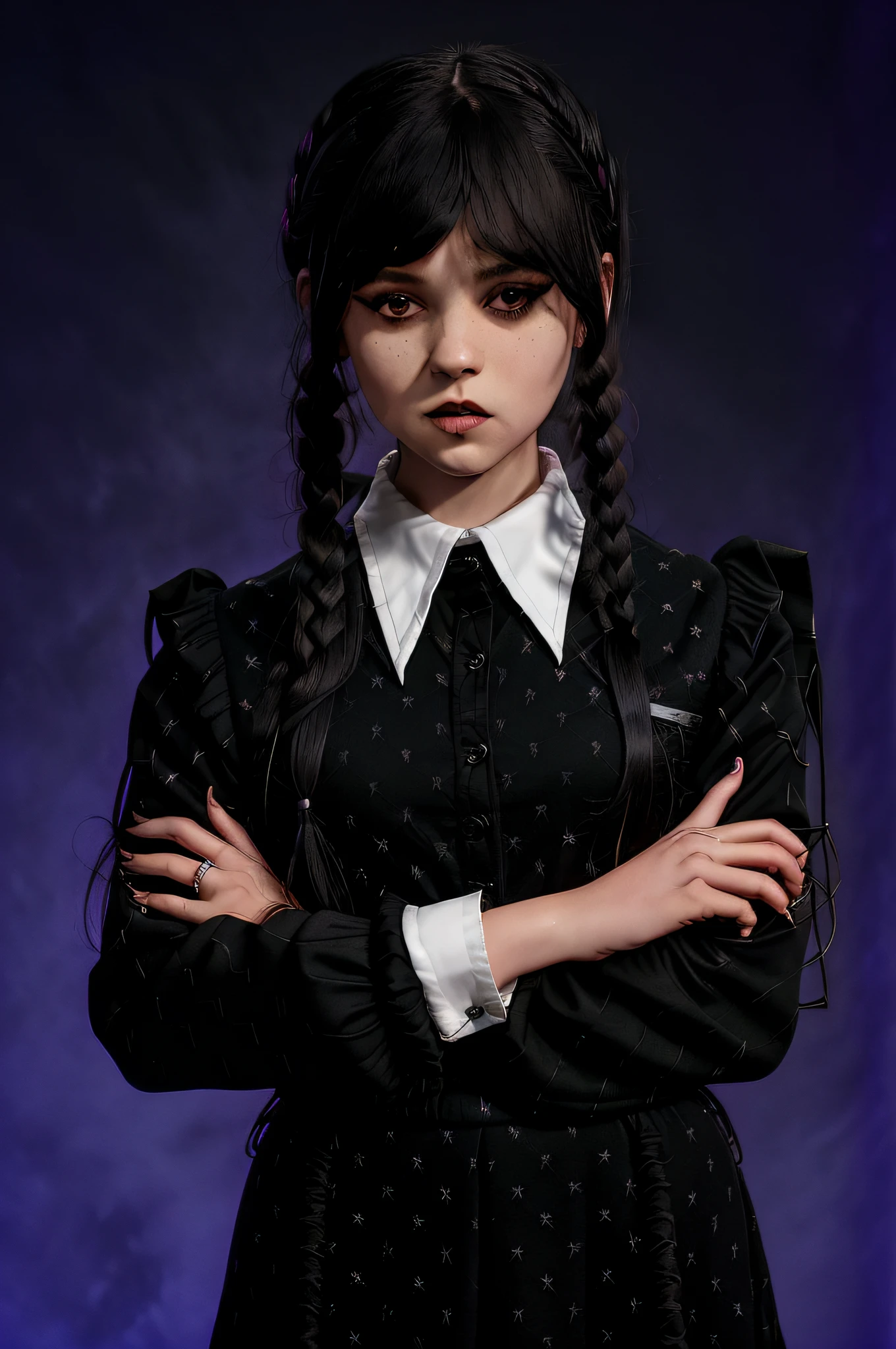 arafed woman with braids and a collared shirt posing for a picture, as wednesday addams, wednesday addams, school girl in gothic dress, portrait of cute goth girl, with black pigtails, 1 7 -  - old h girl, goth girl, gothic girl dressed in black, dreamy gothic girl, portrait of a ominous girl, portrait of evil girl