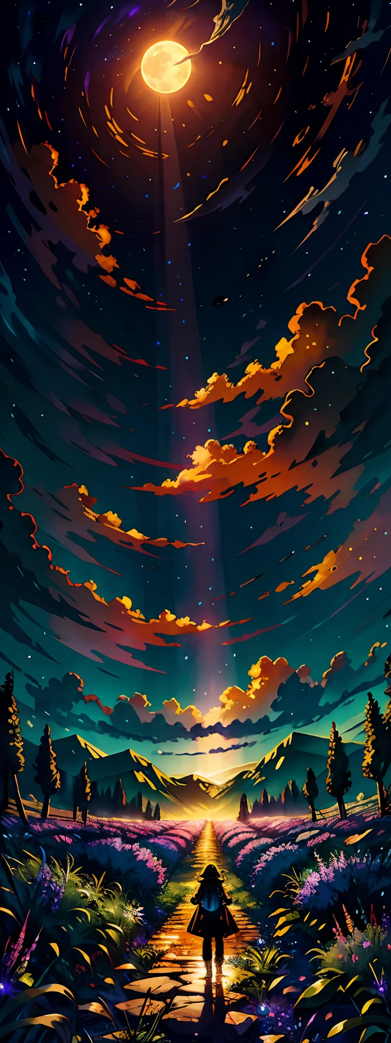 expansive landscape photograph , (a view from below that shows sky above and open field below), a girl standing on flower field looking up, (full moon:1.2), ( shooting stars:0.9), (nebula:1.3), distant mountain, tree BREAK
production art, (warm light source:1.2), (Firefly:1.2), lamp, lot of purple and orange, intricate details, volumetric lighting BREAK
(masterpiece:1.2), (best quality), 4k, ultra-detailed, (dynamic composition:1.4), highly detailed, colorful details,( iridescent colors:1.2), (glowing lighting, atmospheric lighting), dreamy, magical, (solo:1.2)