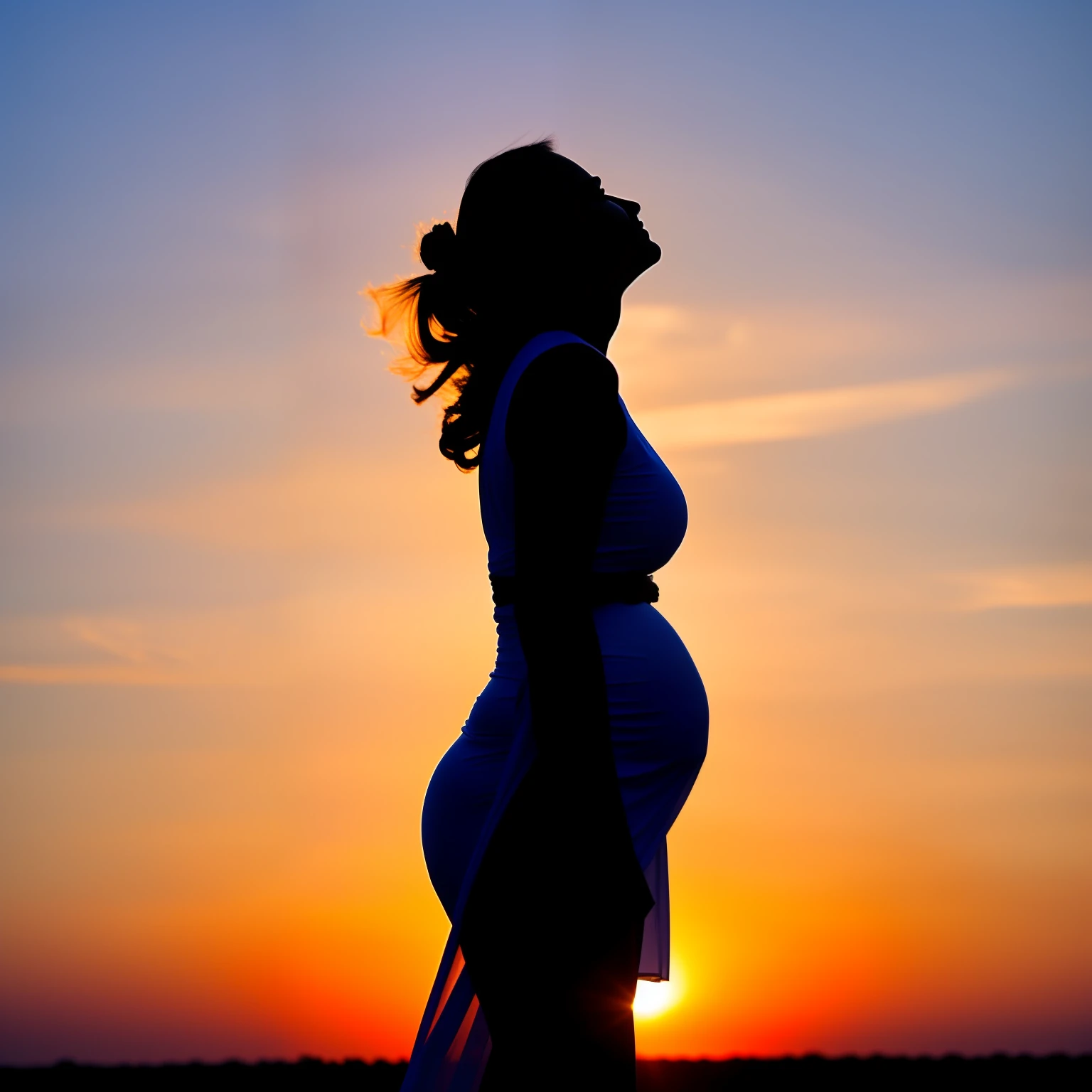 Silhouette of a pregnant woman, hair fluttering in the wind, hands on her belly, gaze up at the sky. nature scenery.