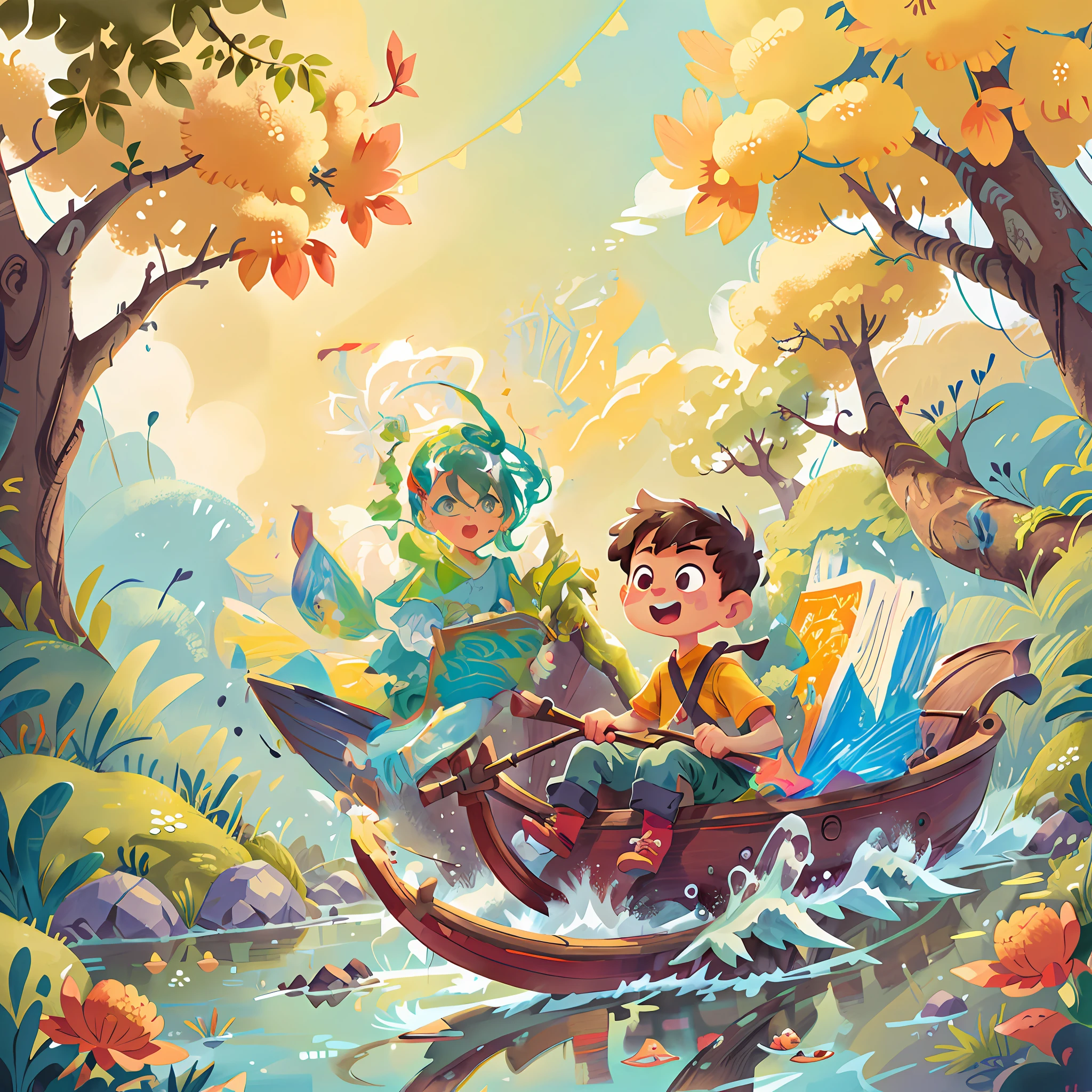 there are two children in a boat in the water, colorful kids book illustration, a beautiful artwork illustration, kids book illustration, children book illustration, childrens art in artstation, cute storybook illustration, fairy-tale illustration style, story book illustration, children\'s illustration, official illustration, fantasy rpg book illustration, children illustration, childrens illustration, children's book illustration