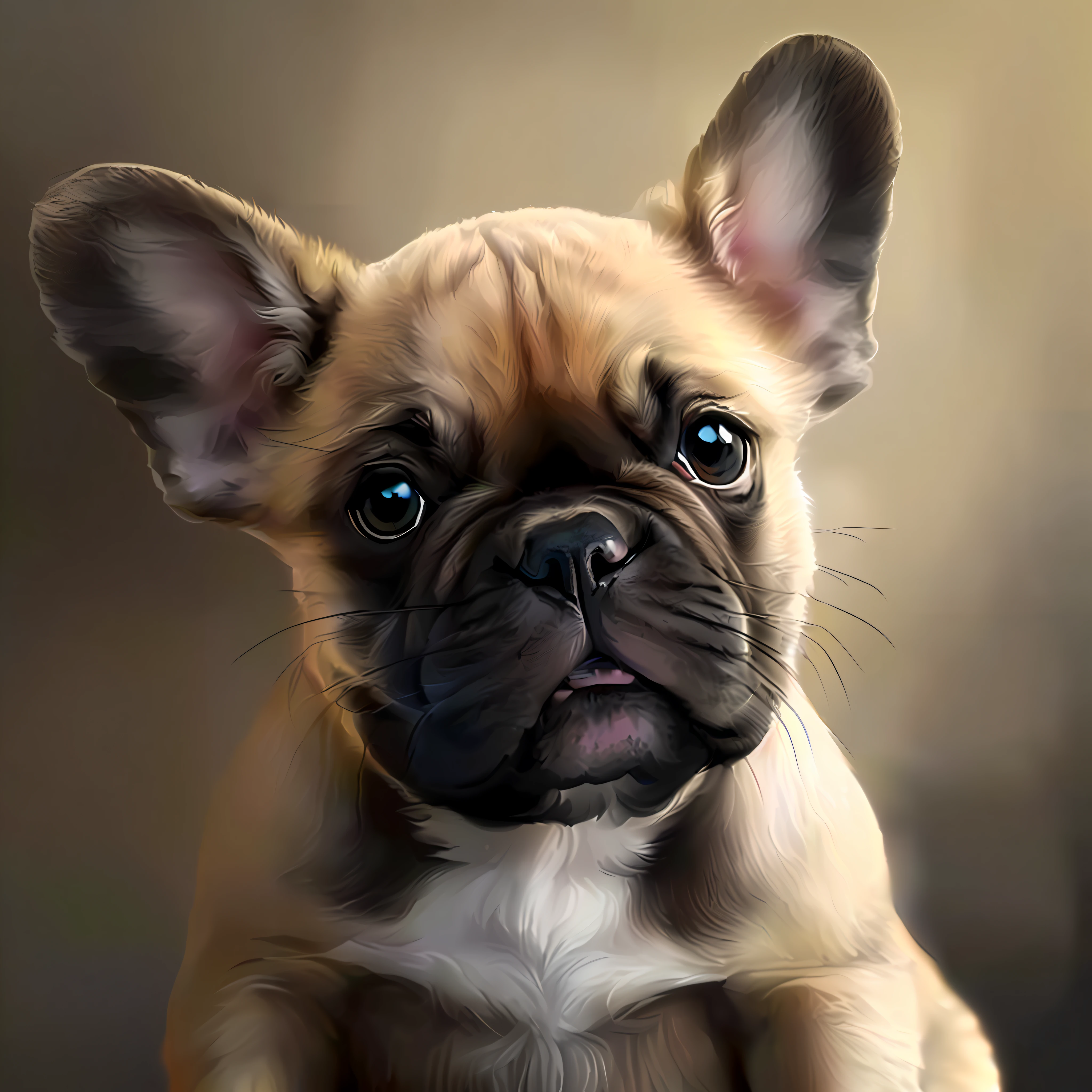 Bulldog puppy France dog sitting at a table looking at the camera, adorable digital painting, ultra realistic portrait, ultra realistic illustration, ultra realistic image, highly detailed digital painting, ultra detailed portrait, high quality portrait, highly detailed portrait, photorealistic style, digital art. highly detailed, hyper realistic illustration, beautiful detailed digital art, ultra realistic 3d illustration, ultra realistic digital painting