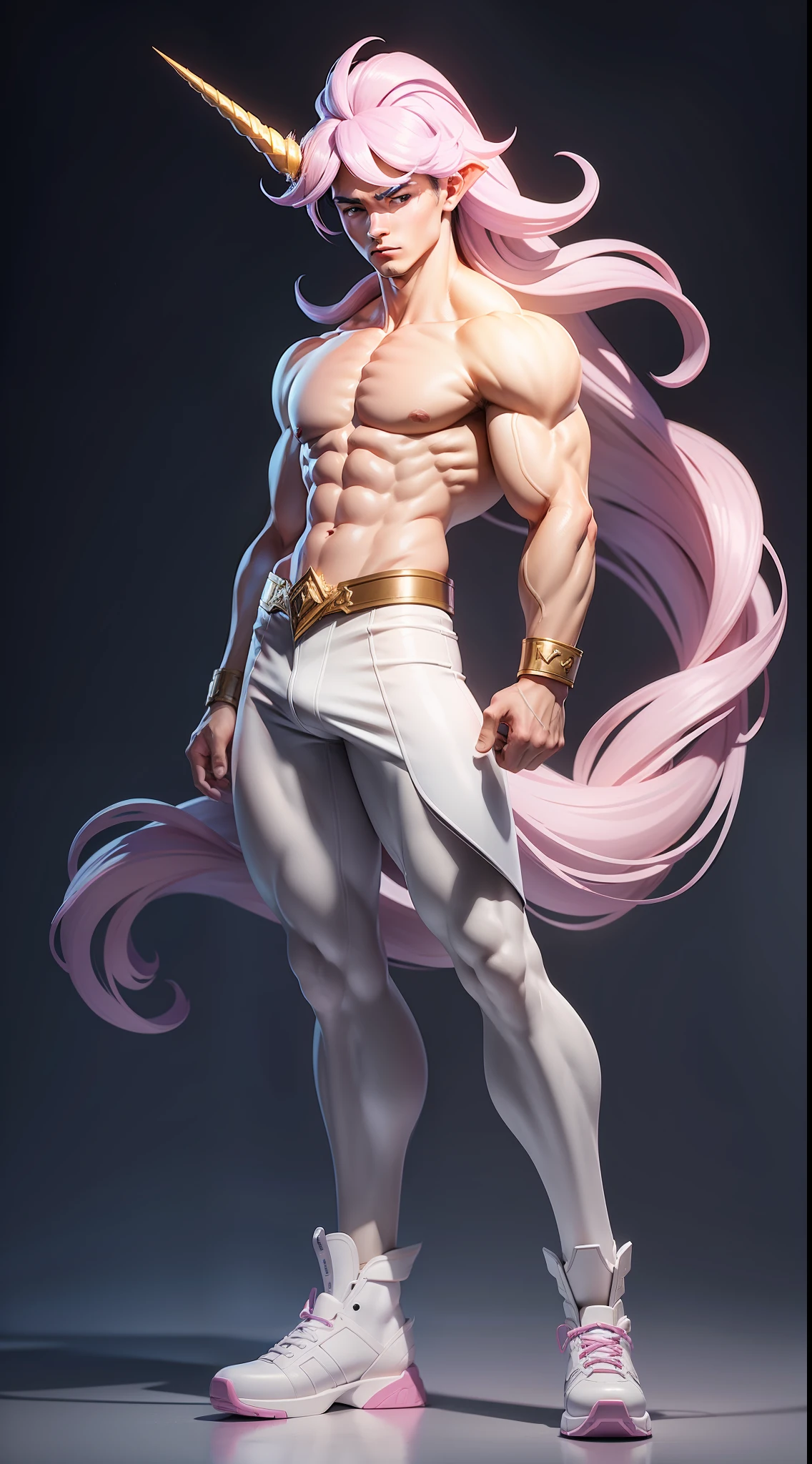unicorn boy, solo, masterpiece, 3dmm style, look at viewer, full body, muscle