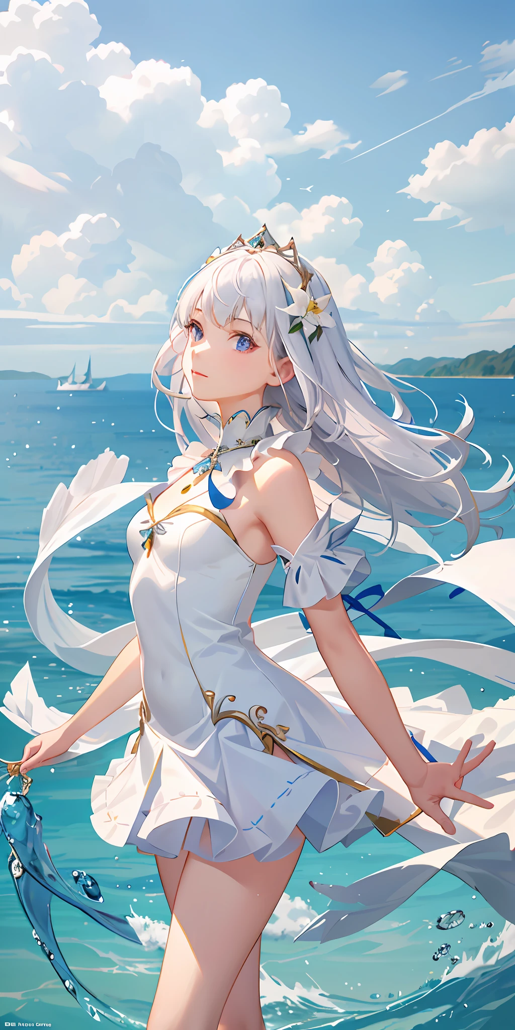 Top Quality, Full Body, High Quality Texture, Fine-grained, Realistic Expression of Face, Detailed Skin, Anime, Girl, Gentle Eyes, Sexy, Mixed, Model, Illustration, Portrait, Bust Up, WS, Semi-Real, Princess, Dress, White Dress, Mini Skirt, Fair Skin, Wind Flower, Grassland, Water Lake, Sun, Light, (Small), White Hair