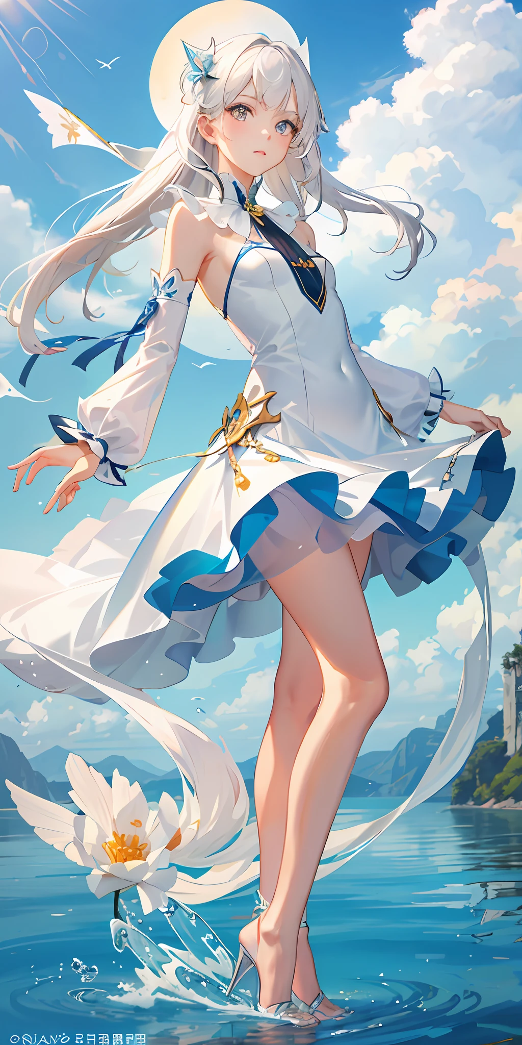 Top Quality, Full Body, High Quality Texture, Fine-grained, Realistic Expression of Face, Detailed Skin, Anime, Girl, Gentle Eyes, Sexy, Mixed, Model, Illustration, Portrait, Bust Up, WS, Semi-Real, Princess, Dress, White Dress, Mini Skirt, Fair Skin, Wind Flower, Grassland, Water Lake, Sun, Light, (Small), White Hair