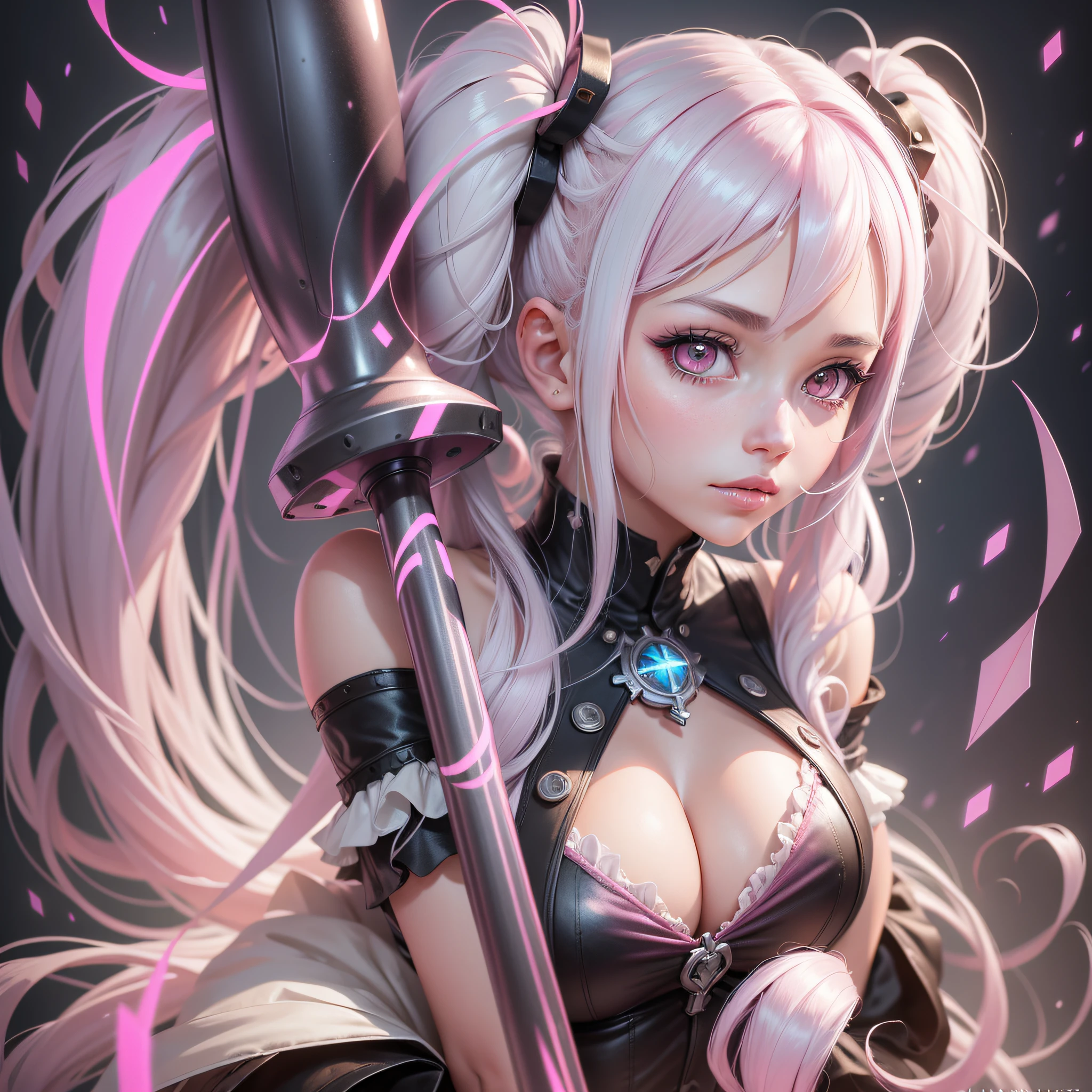 1 girl, (long light_pink and white hair, twin tails hair):1.2, pink short girl, cute girl, mature girl, ((white eyes)), ((full lips)), (high detailed), beautiful, ((pink skin)):1.3, amazing, high detailed eyes, high detailed face, perfect hands, masterpiece, best quality, looking at viewer, detailed eyes, Field, (Holding a Giant Steel hammer):1.3, Tinkaton, full_body_illustration, cleavage, sexy magical girl outfit
