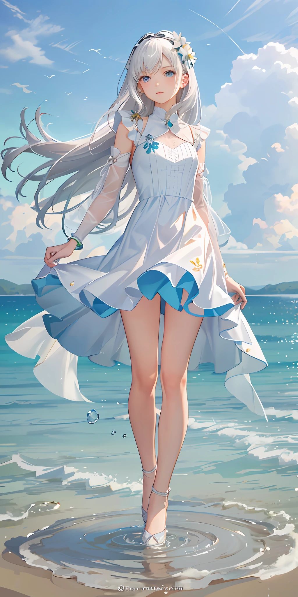 Top Quality, Full Body, High Quality Texture, Fine-grained, Realistic Expression of Face, Detailed Skin, Anime, Girl, Gentle Eyes, Sexy, Mixed, Model, Illustration, Portrait, Bust Up, WS, Semi-Real, Princess, Dress, White Dress, Mini Skirt, Fair Skin, Wind Flower, Grassland, Water Lake, Sun, Light, (Small), White Hair
