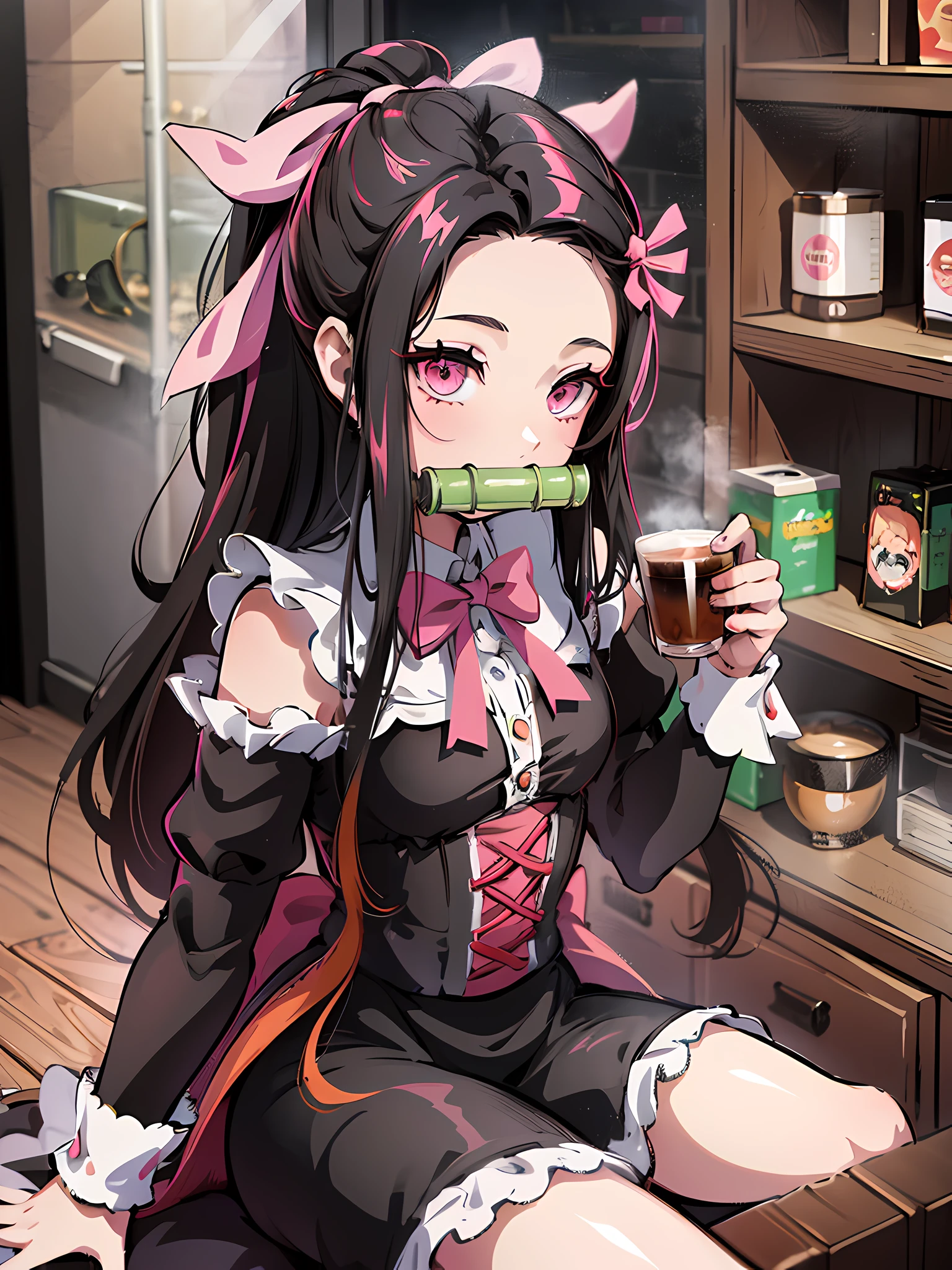 One Girl (Masterpiece) (Best Quality) (Shiny Hair) (Shiny Skin), Maid, Long Skirt, Nezuko, Demon Slayer Style, Black Hair, Forehead, Hair Ribbon, Long Hair, Multicolored Hair, (Pink Eyes: 1.2), Kamado Nezuko, Bit Gag, Movie Lighting, 3D, CG, Realistic, Brew Coffee, With a Cup