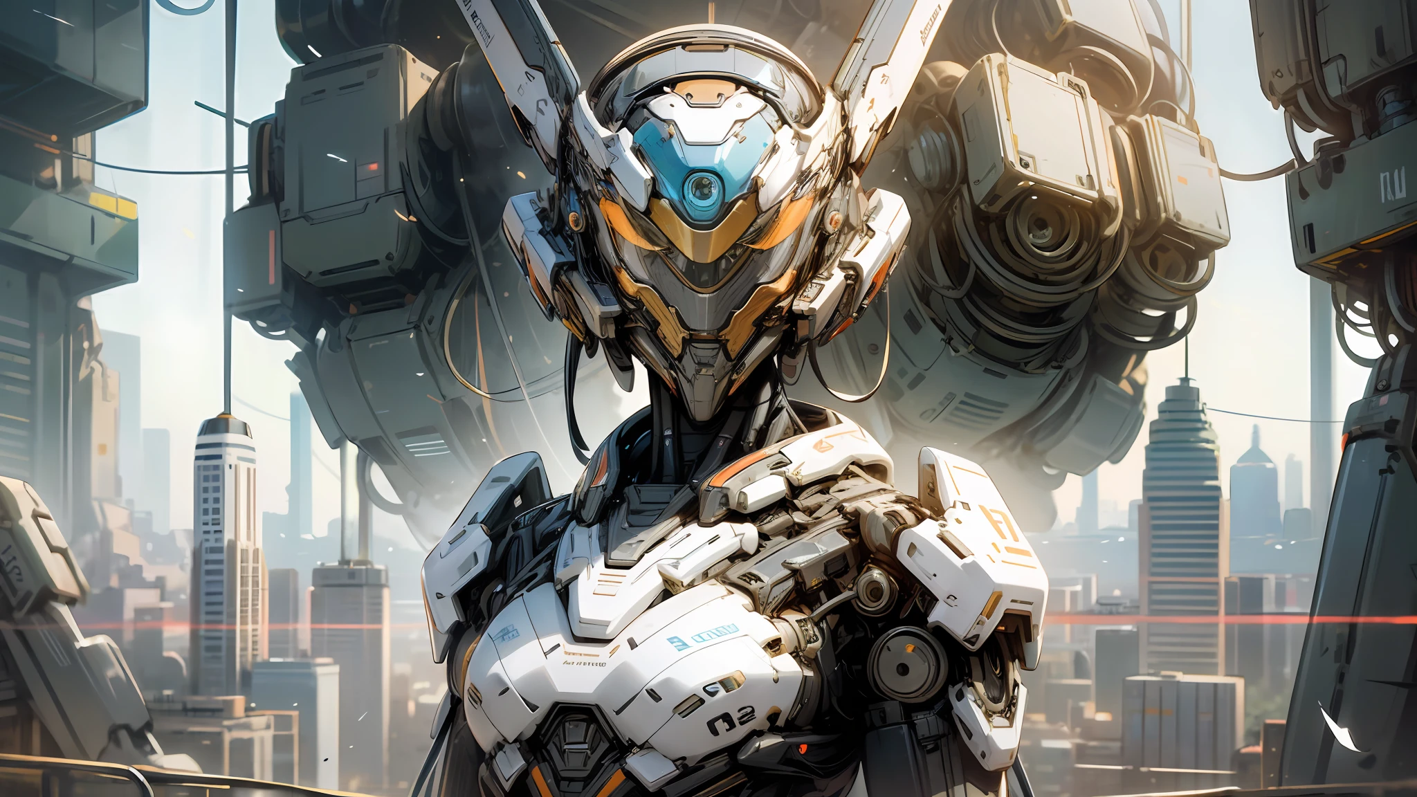 A humanoid-looking robot with an incredibly realistic face of a young woman. Its body is detailed with visible mechanical components, which gives it a futuristic and fascinating look. The robot is holding a bird delicately in his hand, in a peaceful and calm environment. The background of the image shows a futuristic city with skyscrapers and bright lights. The robot has a peaceful appearance and its main focus is to show its realistic face and its connection with nature. This image is made in the form of a digital illustration, with a softly detailed style and a mix of warm and cool colors to highlight the futuristic atmosphere. --auto --s2