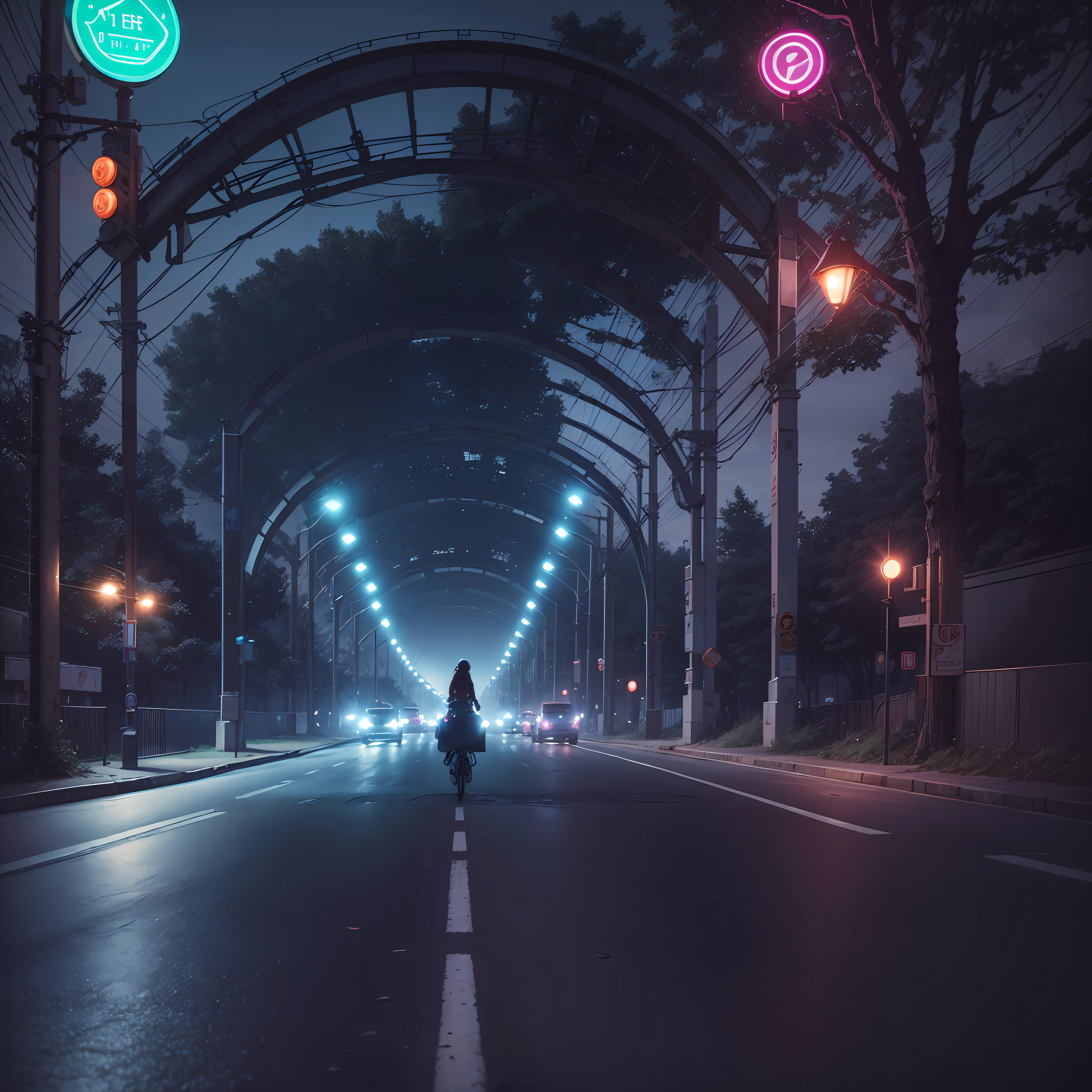 At night, a broken road ((no cars on the road)), at the end of the road is an intersection, there are trees, there are street lights, there are circular arches on one side of the road, ((there are neon lights)), there is a girl riding a bicycle, back, real, photo level, factory building, woods ghostly, --auto --s2