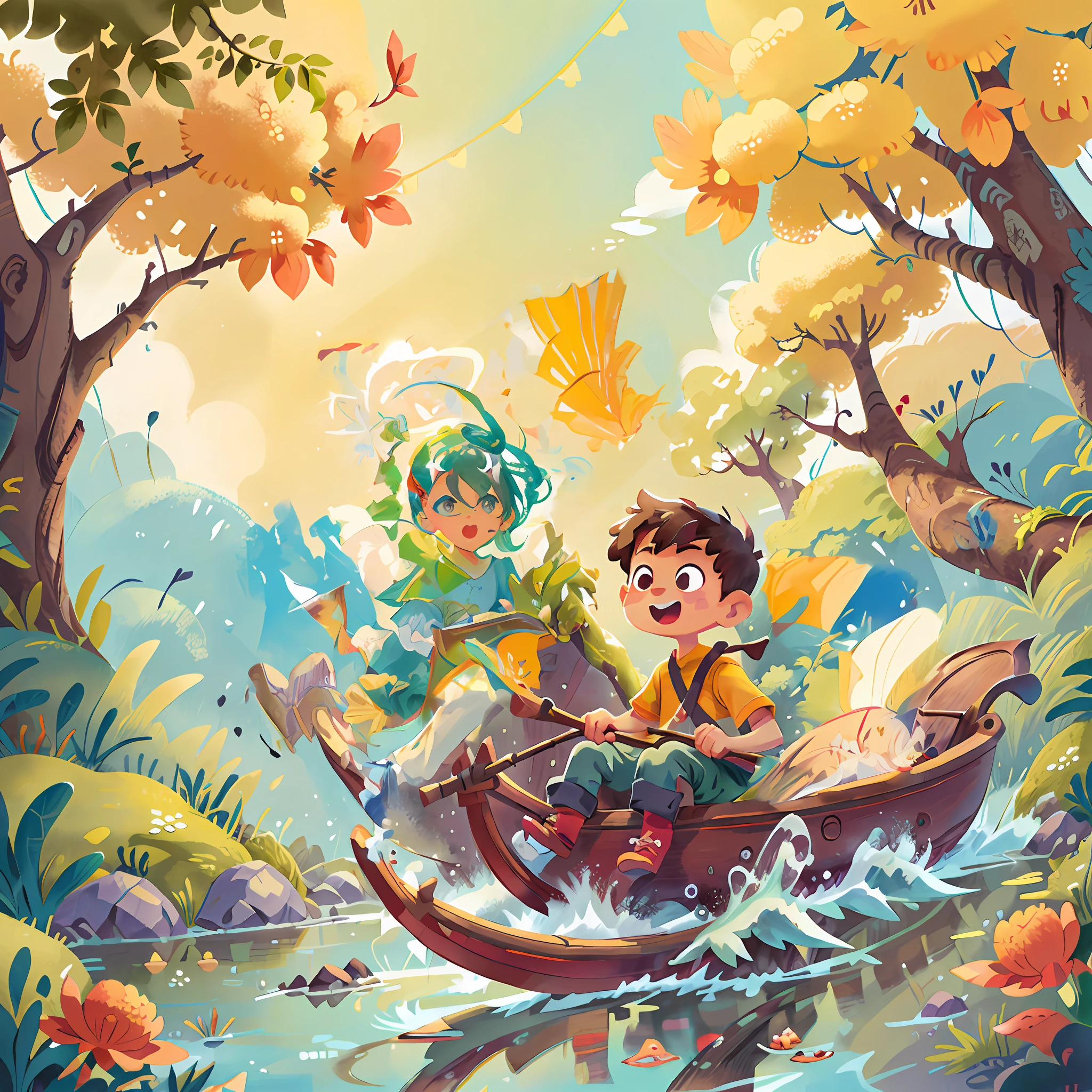 there are two children in a boat in the water, colorful kids book illustration, a beautiful artwork illustration, kids book illustration, children book illustration, childrens art in artstation, cute storybook illustration, fairy-tale illustration style, story book illustration, children\'s illustration, official illustration, fantasy rpg book illustration, children illustration, childrens illustration, children's book illustration