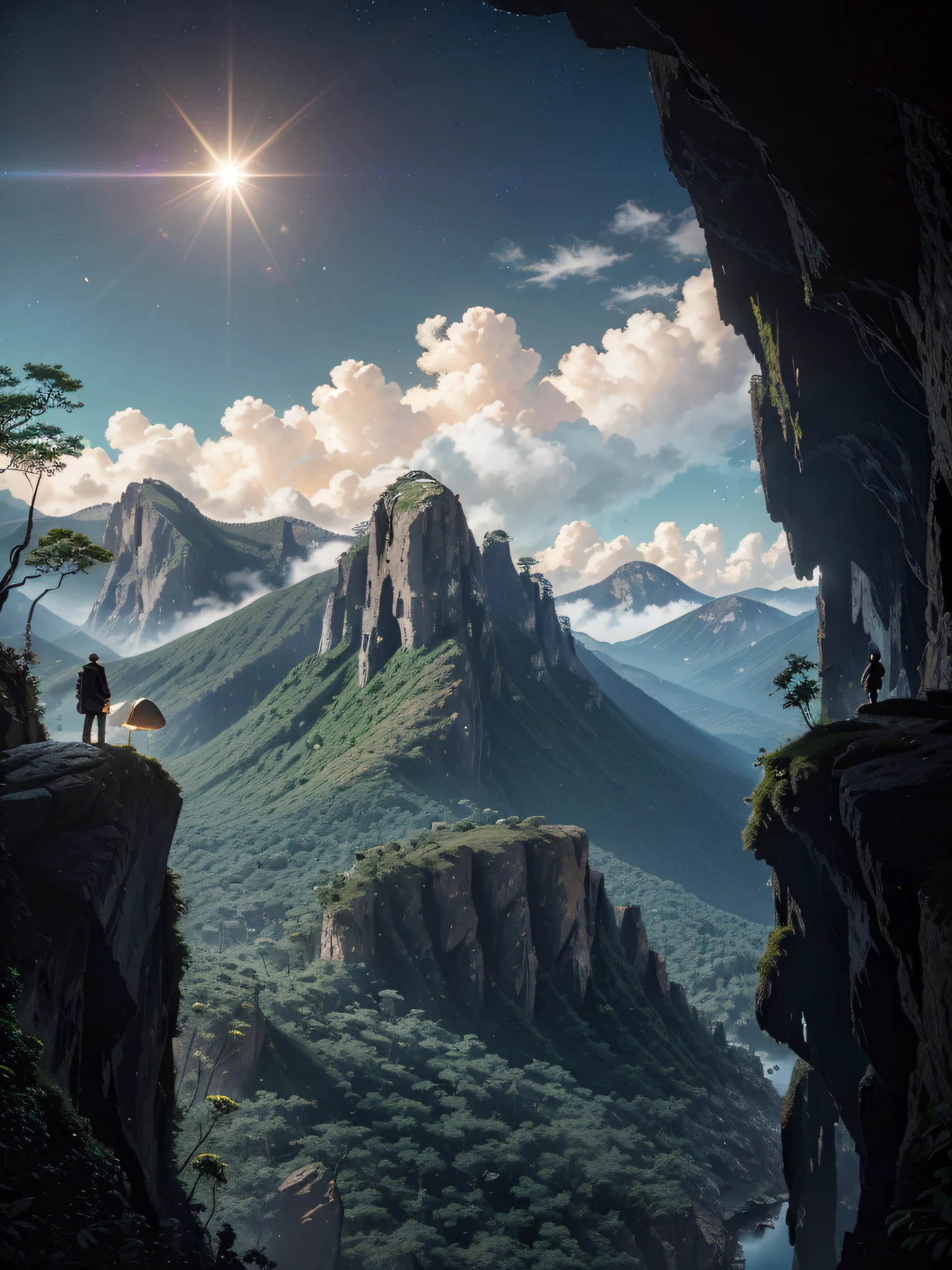 (35mmstyle:1.2), highly detailed RAW color photo, back corner, full body, outdoors, (standing on a cliff tall Rocky Mountains, looking out at the magical lush green rainforest on an alien planet), vivid detail, (science fiction), (mountains: 1.1), (lush green vegetation), (Two Moon in the Sky: 0.8), (Very Detailed, Ultra Detailed, Complex), (Lens Flare: 0.7), (Flare: 0.7), Particle Effects, Ray Tracing, Cinematic Lighting, Shallow Depth of Field, Shot on Sony a9 II, 35mm Wide Angle Lens, Clear Focus, Motion Picture Film, from Gravity 2013, View from Behind, Dynamic Angle