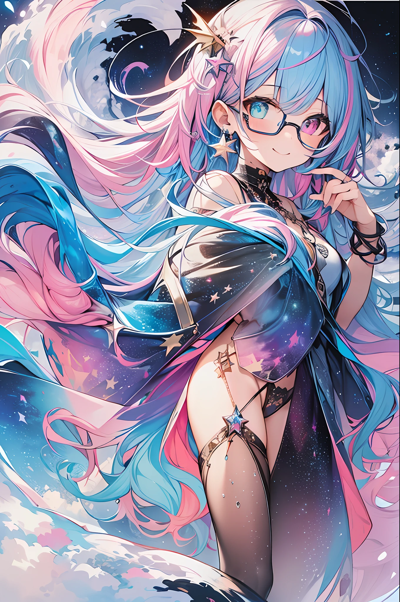 (Masterpiece, Best Quality, Best Quality, Watercolor (Medium), Official Art, Beautiful and Aesthetic: 1.2), (1 Girl: 1.3), (Fractal Art: 1.3), Full Body, Star-shaped Pupil, Pattern, (((iridescent hair, colorful hair, half blue and half pink hair: 1.2)), water, liquid, cloud, colorful, starry, star, smile, glasses, close-up, heterochromia, (Colorful: 1.5), galaxy, looking up at the stars