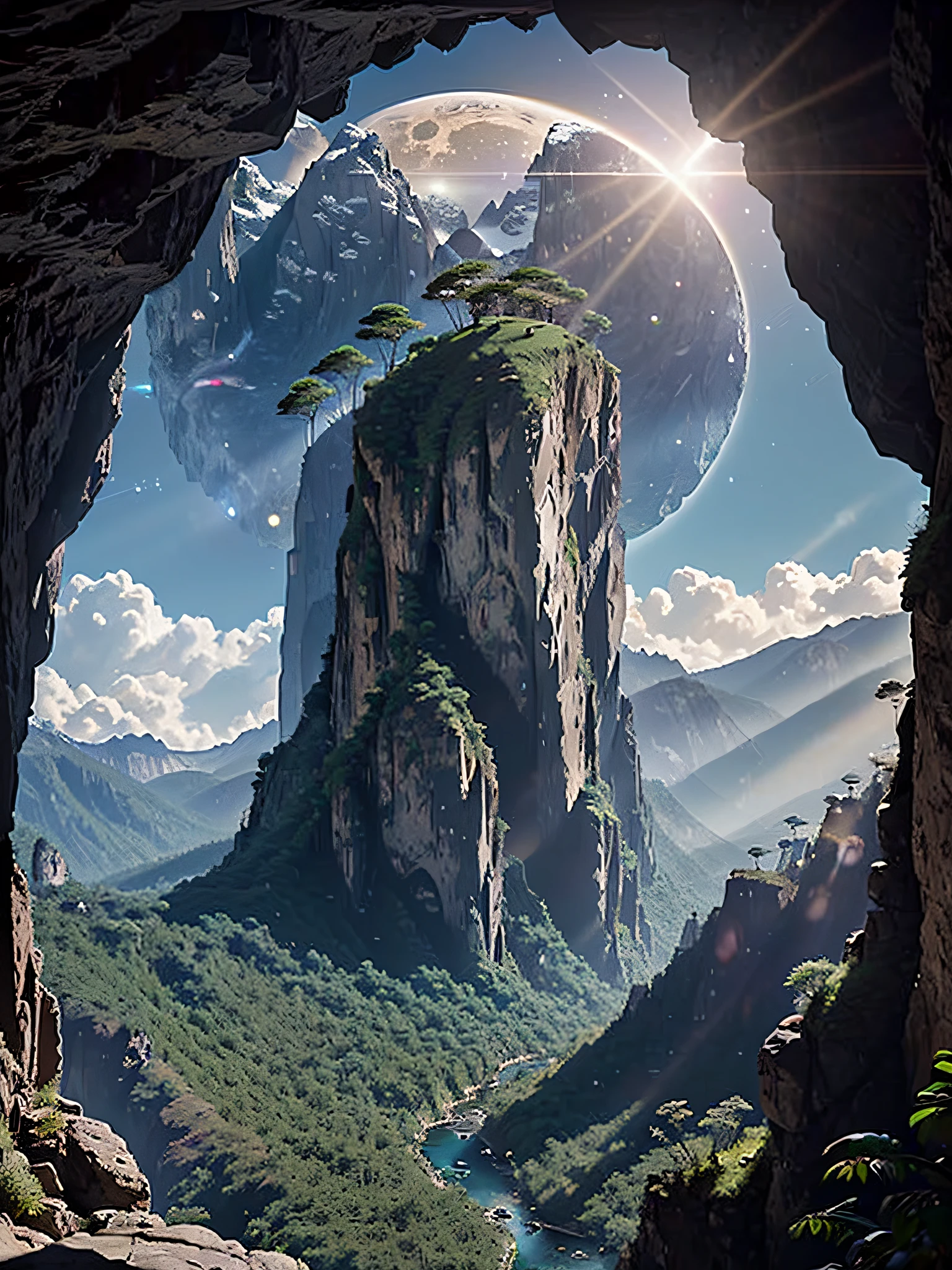 (35mmstyle:1.2), highly detailed RAW color photo, back corner, full body, outdoors, (standing on a cliff tall Rocky Mountains, looking out at the magical lush green rainforest on an alien planet), vivid detail, (science fiction), (mountains: 1.1), (lush green vegetation), (Two Moon in the Sky: 0.8), (Very Detailed, Ultra Detailed, Complex), (Lens Flare: 0.7), (Flare: 0.7), Particle Effects, Ray Tracing, Cinematic Lighting, Shallow Depth of Field, Shot on Sony a9 II, 35mm Wide Angle Lens, Clear Focus, Motion Picture Film, from Gravity 2013, View from Behind, Dynamic Angle