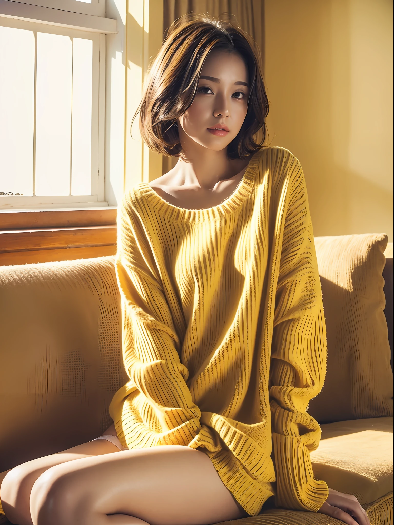 pretty girl, perfect figure in yellow sweater, wear panties, short hair, little messy hair, sitting on sofa, background bed room, sun light come from the window, high resolution, photorealistic