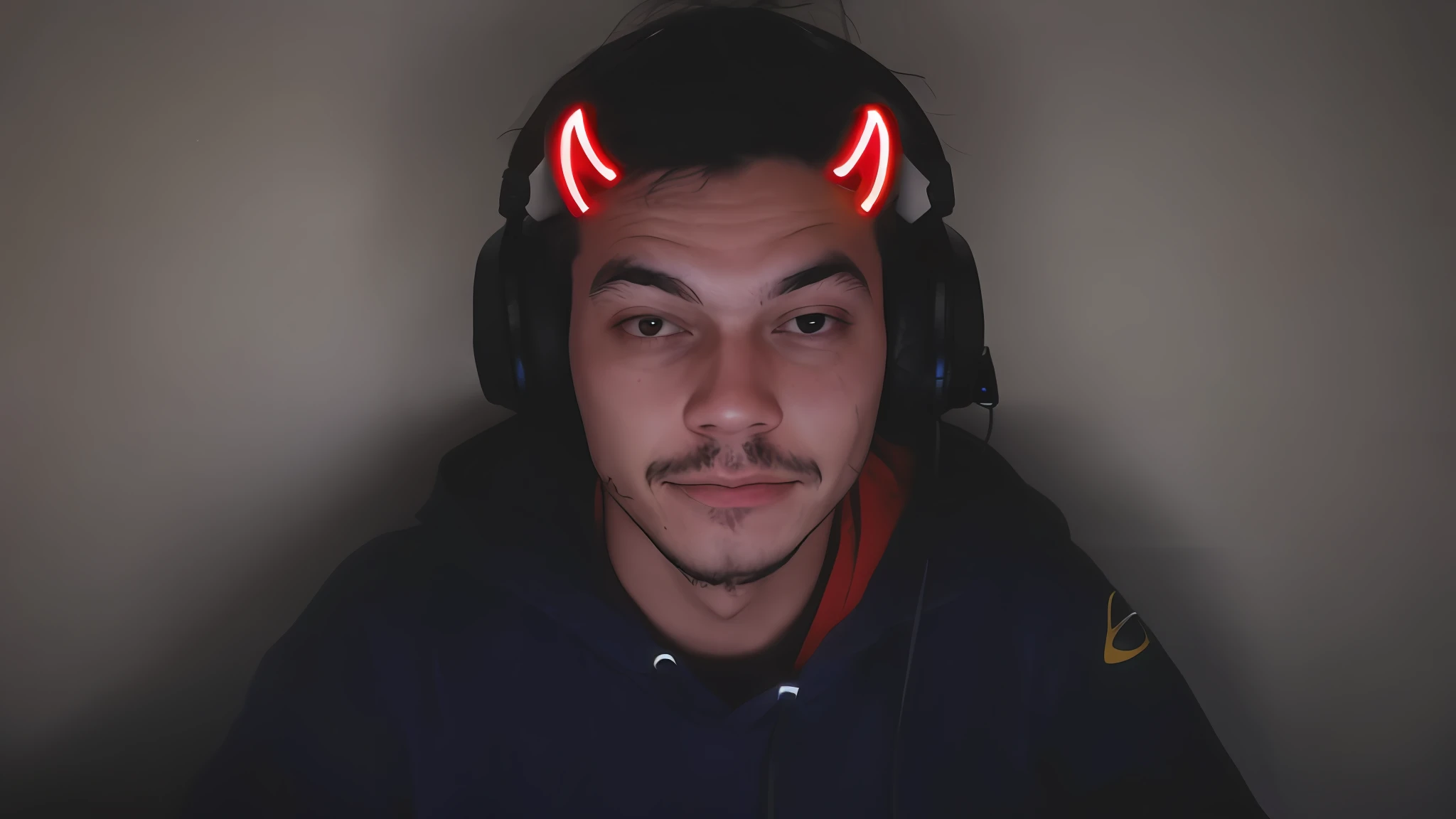 there is a man wearing headphones with red horns on his head, twitch streamer / gamer ludwig, profile picture 1024px, headshot profile picture, oni horns, bladee from drain gang, discord profile picture, with red glowing eyes, wearing a gaming headset, male with halo, red eyes glowing, twitch streamer, post malone, evil smile and glowing eyes --auto --s2