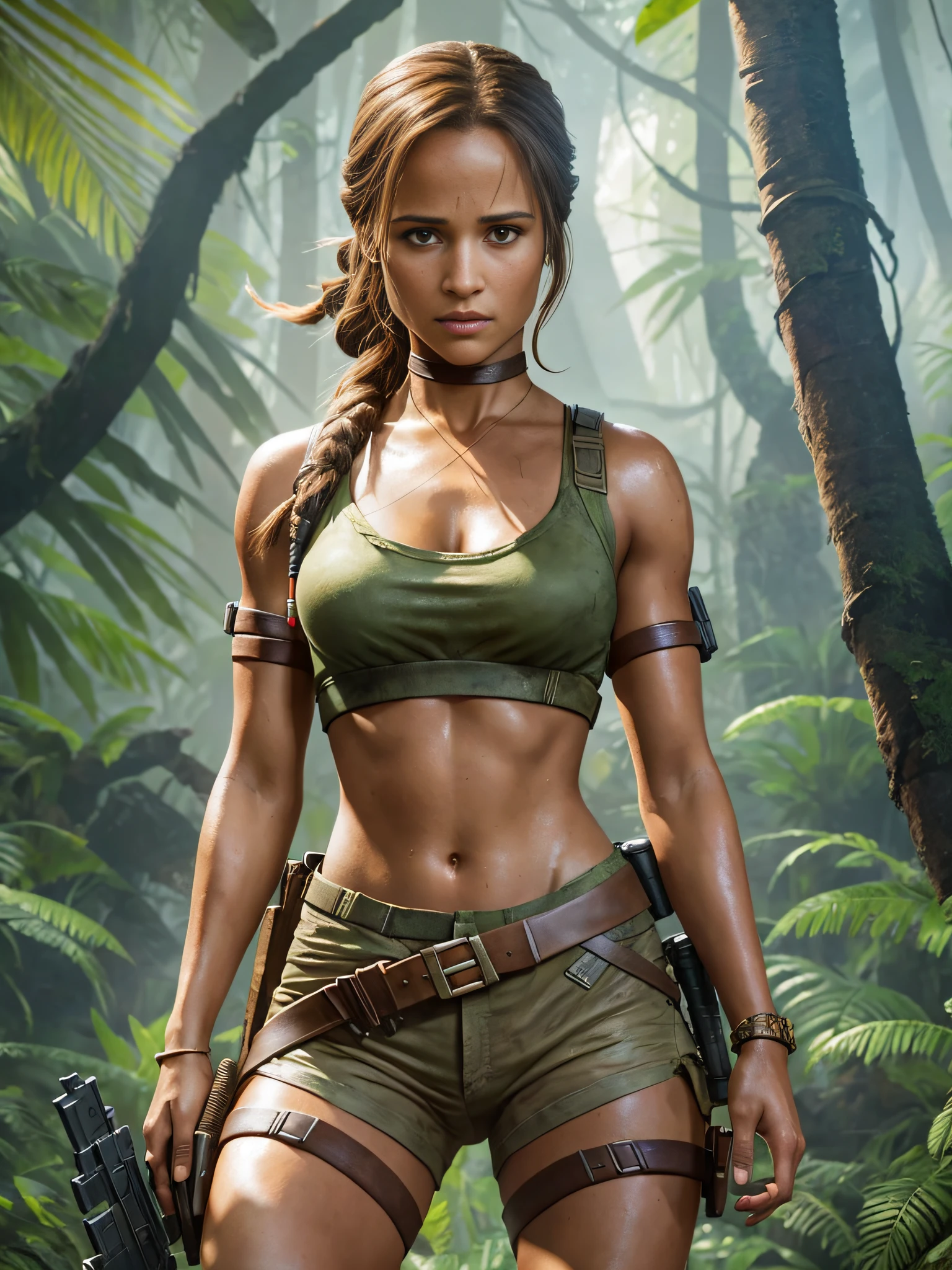 UHD, realistic:1.5, Alicia Vikander, 25, dressed as Lara Croft, in the jungle