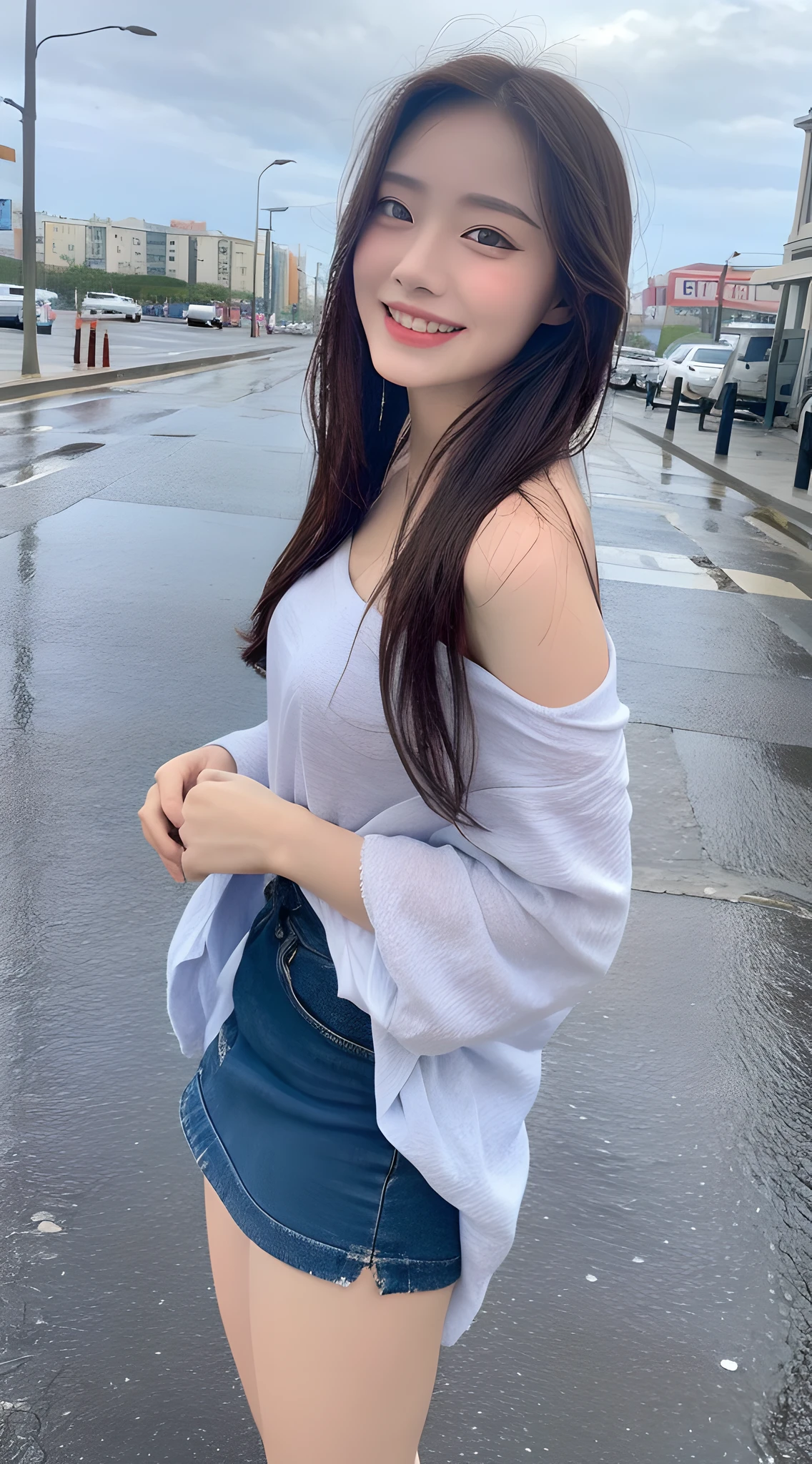 ((Best Quality, 8k, Masterpiece: 1.3)), Focus: 1.2, Perfect Body Beauty: 1.4, Buttocks: 1.2, ((Long Hair)), (Wet Clothes: 1.1) , (Rain, Street:1.3), Off-the-Shoulder Miniskirt: 1.1, Highly detailed face and skin texture, Detailed eyes, Double eyelids, Whitened skin, Smile, Scene seaside, Dynamic pose, angle