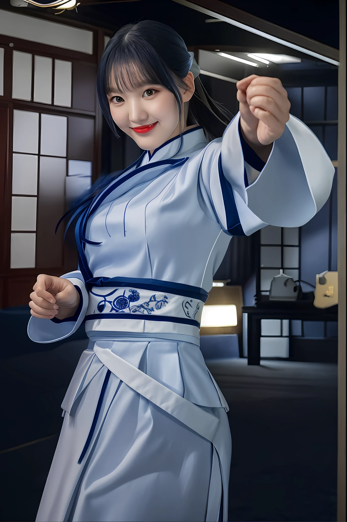 White and navy blue cheongsam with fine embroidery, dojo interior staring at many galleries in a dark room
