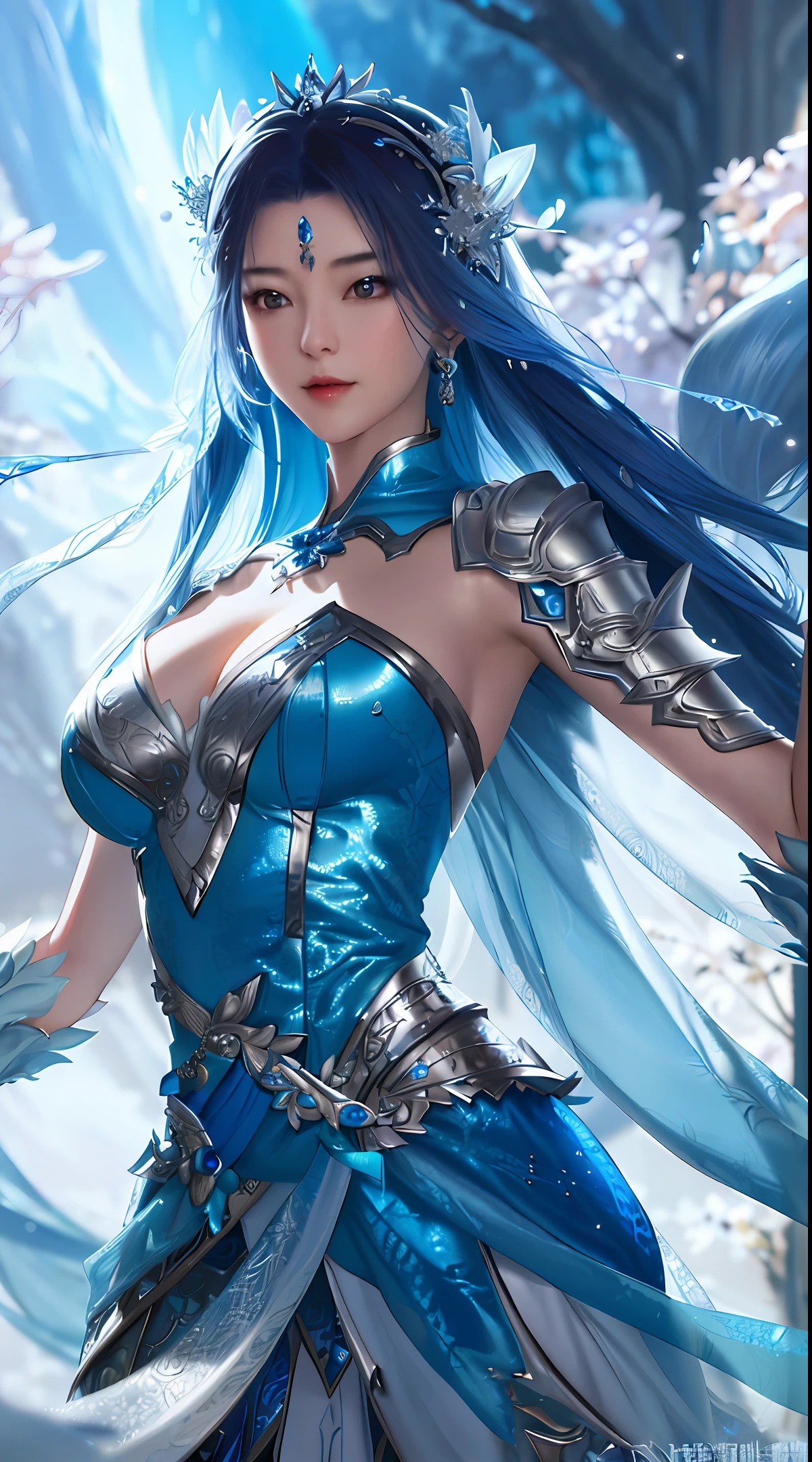 a close up of a woman in a silver and blue dress, chengwei pan on artstation, by Yang J, detailed fantasy art, stunning character art, fanart best artstation, epic exquisite character art, beautiful armor, extremely detailed artgerm, detailed digital anime art, artgerm on artstation pixiv, armor girl