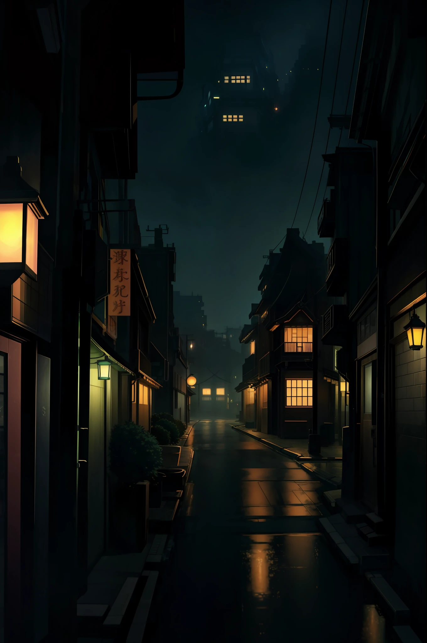 Night scene of city street, one person walking on the street, anime style cityscape, anime background art, dramatic lighting. Conceptual art, gloomy. Spirited Away, Miyazaki style, HD anime cityscape, anime scene, overhead. Volume lighting, town at night, city at night, anime landscape concept art, calm night. Digital illustration
