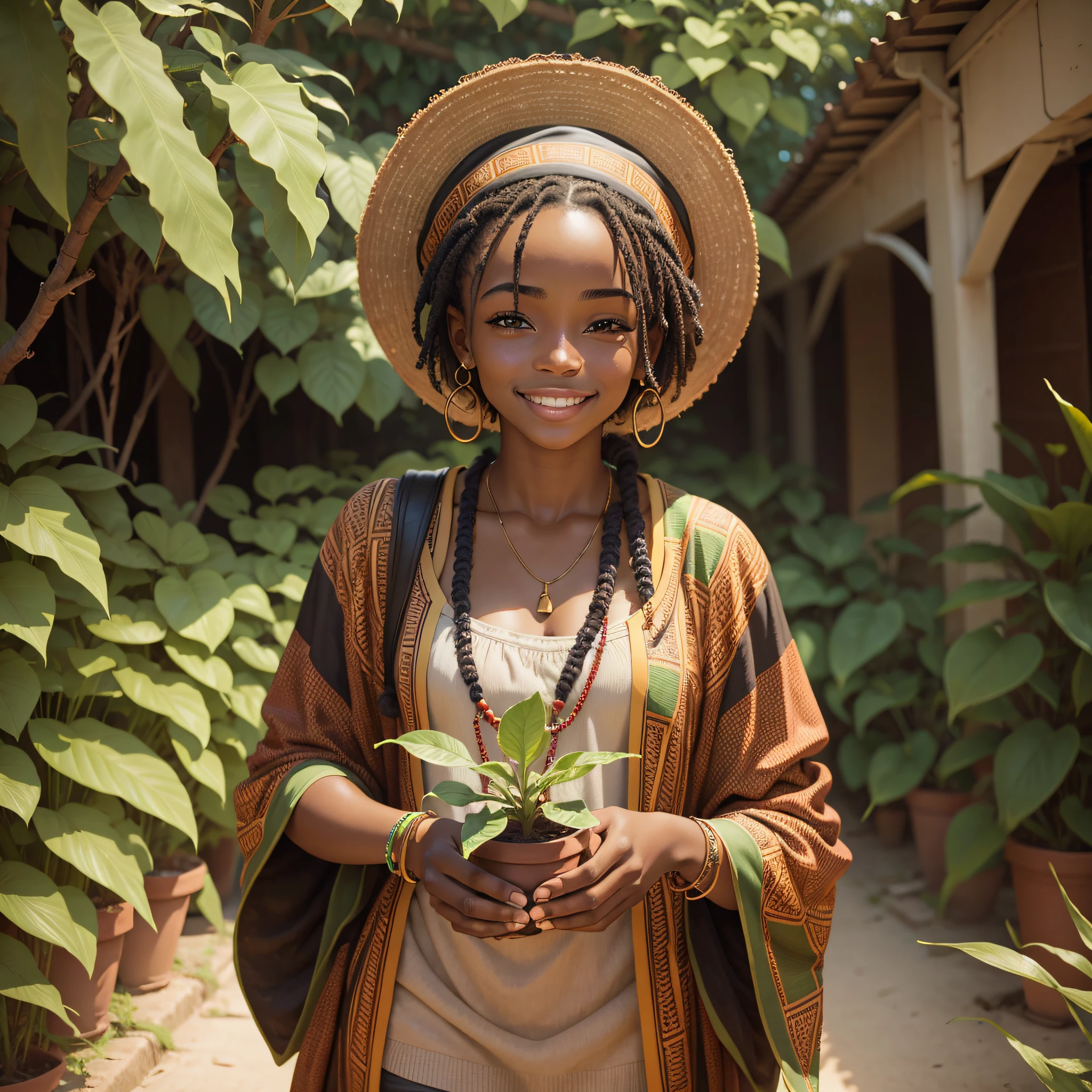 A young African woman, dressed decently, holding a plant, smiling, Jehovah's Witness --auto --s2
