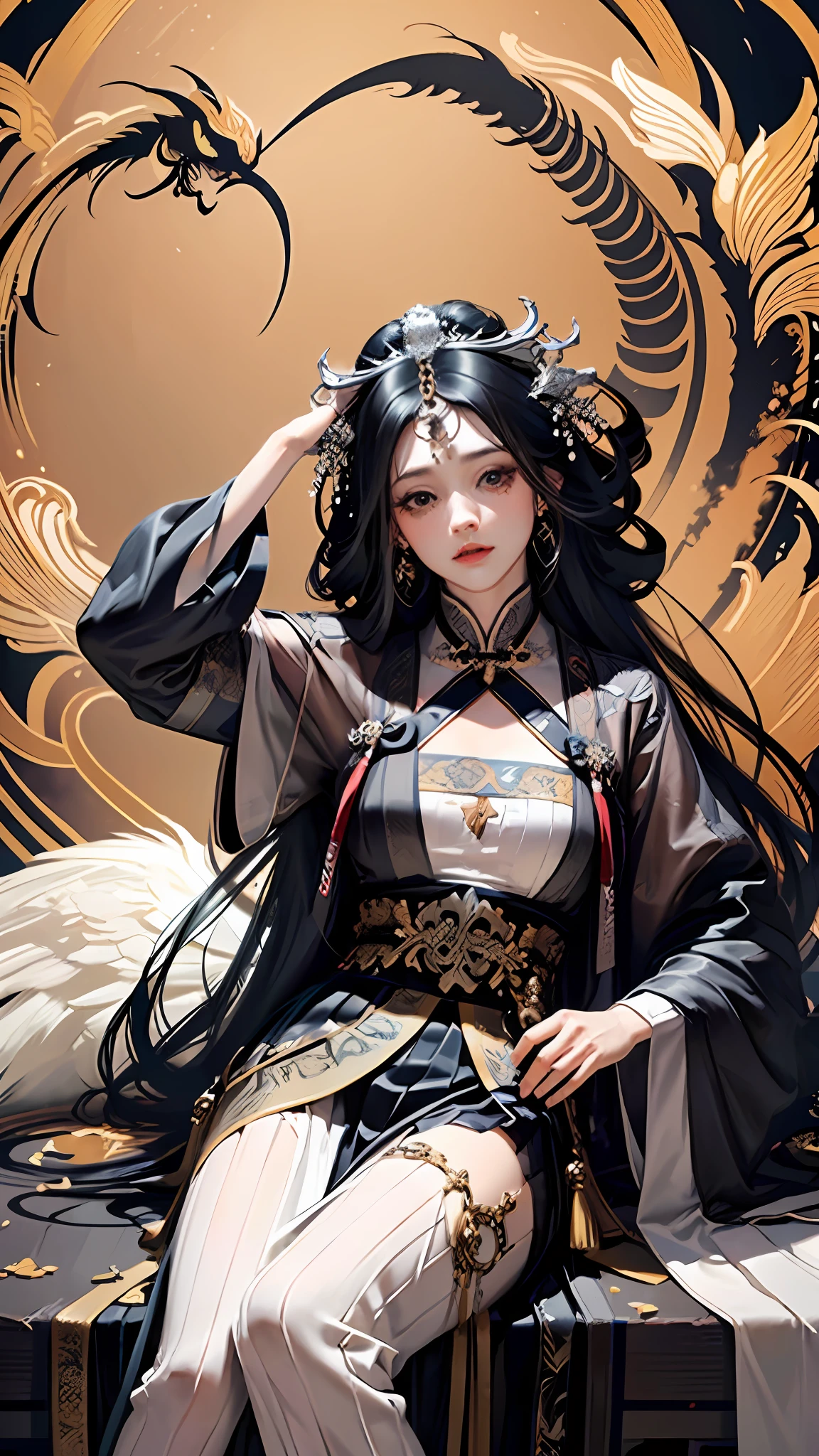 Official Art, Unified 8K Wallpapers, Ultra Detailed, Beautiful and Aesthetic, Masterpiece, Best Quality, (Zentangle, Tangle, Entangle), (fractal art: 1.4), 1girl close-up, long black hair, long flowing hair, fringed hair ornament, Chinese, black and white hanfu, fringed waist ornaments, jade pendant, long skirt, horse face skirt, tulle clothes, cloudy and misty, petals, very detailed, dynamic angle, cowboyshot, (most beautiful form chaos), flowing, oc, (half: 1), Chinese, black and white main color, black long dress, white flying dragon, (ribbon: 1.3), (dream: 1.5), (Hanfu: 2), Chinese dragon, Chinese phoenix, (smile: 0.5 ), (Chinese deities), n
