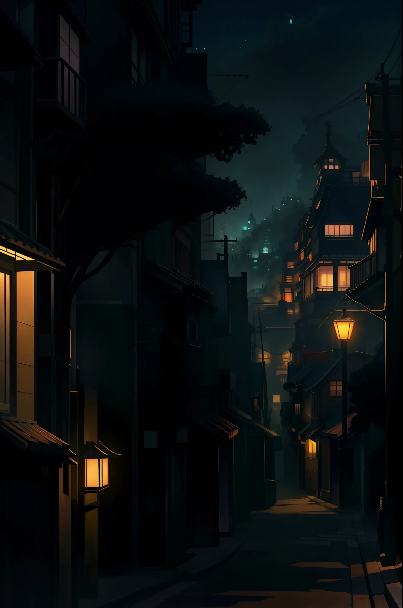 Night scene of city street, one person walking on the street, anime style cityscape, anime background art, dramatic lighting. Conceptual art, gloomy. Spirited Away, Miyazaki style, HD anime cityscape, anime scene, overhead. Volume lighting, town at night, city at night, anime landscape concept art, calm night. Digital illustration