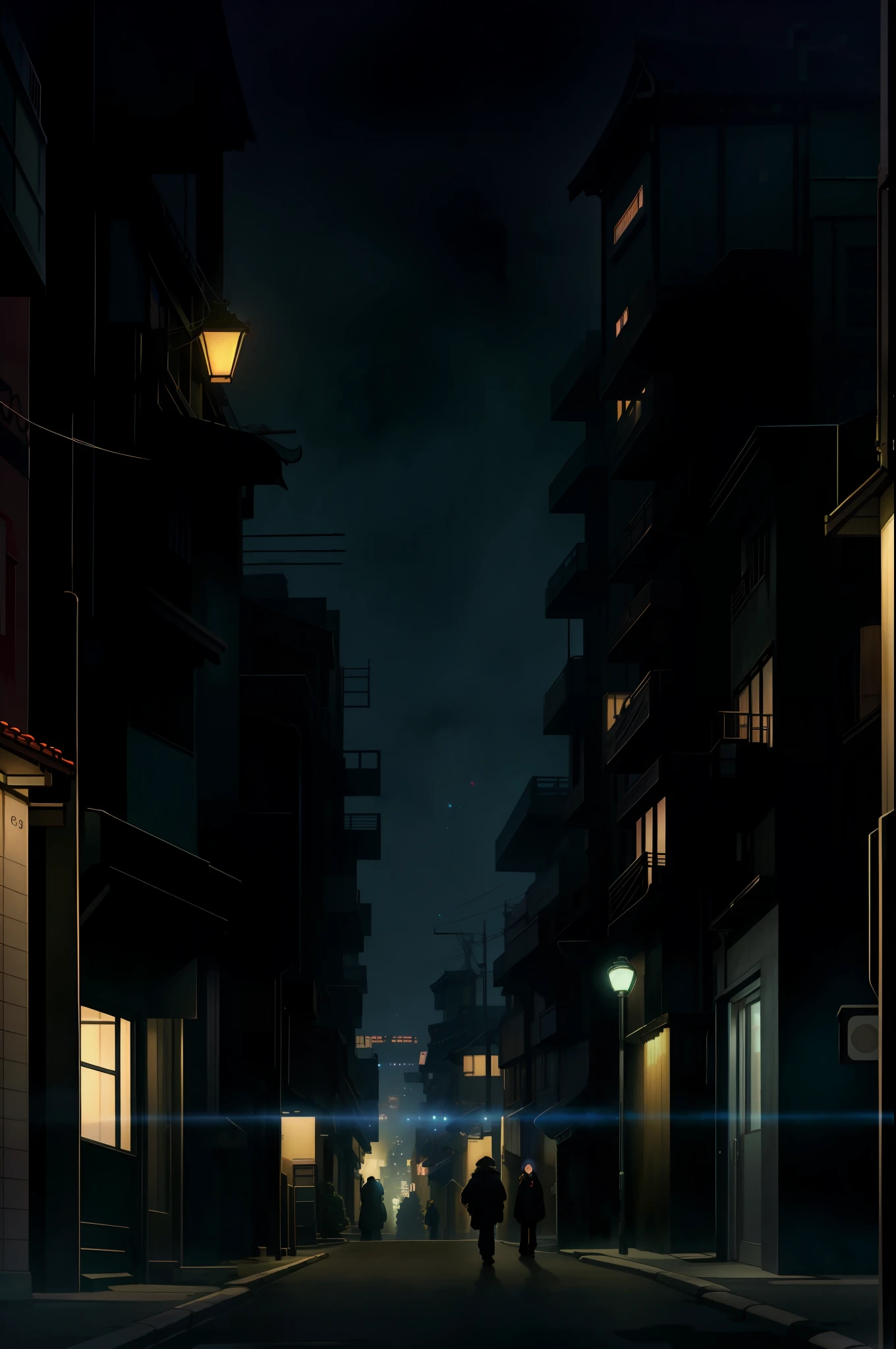 Night scene of city street, one person walking on the street, anime style cityscape, anime background art, dramatic lighting. Conceptual art, gloomy. Spirited Away, Miyazaki style, HD anime cityscape, anime scene, overhead. Volume lighting, town at night, city at night, anime landscape concept art, calm night. Digital illustration