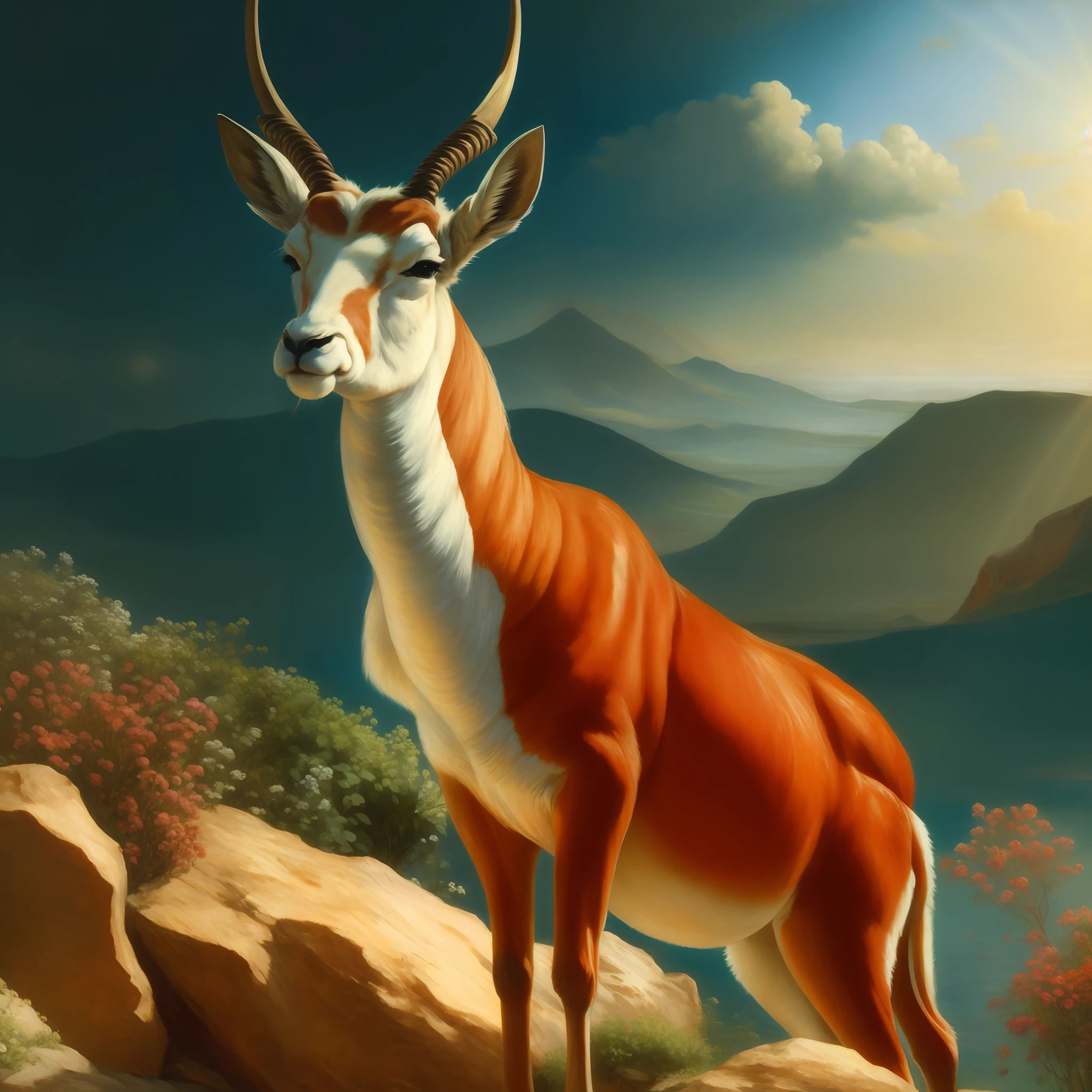 Antelope, a classic art painting by Gustave Courbet in the style of Sir Laurence Alma-Tadema, illuminated by bright sunlight