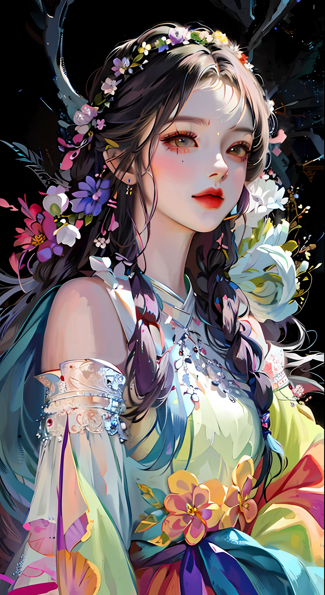 anime girl with flowers in her hair and a colorful dress, beautiful digital artwork, beautiful gorgeous digital art, beautiful digital illustration, beautiful digital art, beautiful character painting, fantasy art style, gorgeous digital art, exquisite digital illustration, 8k high quality detailed art, very beautiful digital art, beautiful digital painting, beautiful fantasy art portrait, artwork in the style of guweiz --auto --s2
