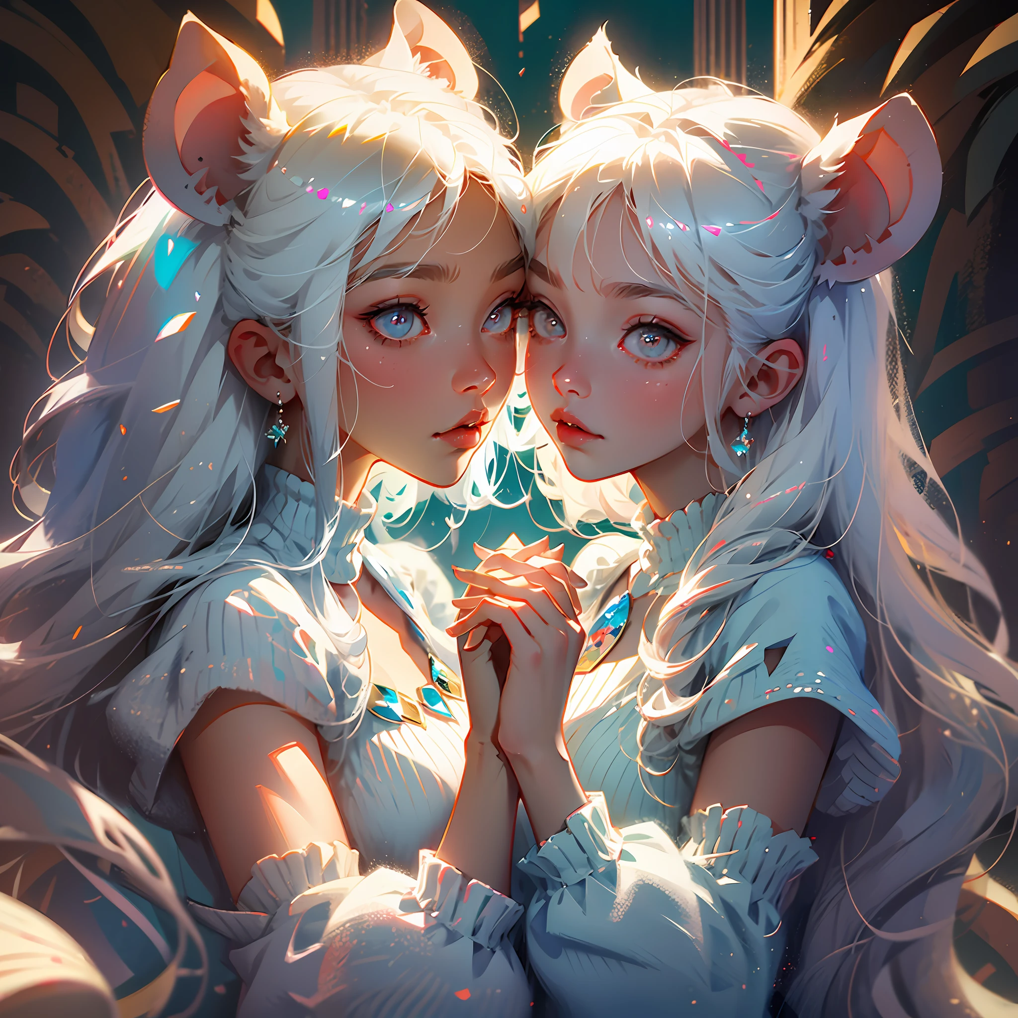 Twins, mouse girls, fluffy white hair, big round mouse ears, white sweaters, holding hands, dark brown eyes, couple --auto --s2