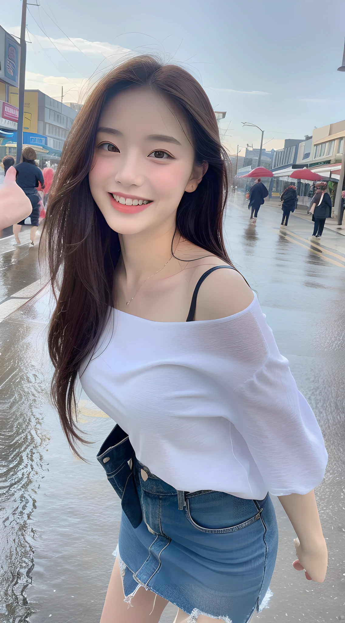 ((Best Quality, 8k, Masterpiece: 1.3)), Focus: 1.2, Perfect Body Beauty: 1.4, Buttocks: 1.2, ((Long Hair)), (Wet Clothes: 1.1) , (Rain, Street:1.3), Off-the-Shoulder Miniskirt: 1.1, Highly detailed face and skin texture, Detailed eyes, Double eyelids, Whitened skin, Smile, Scene seaside, Dynamic pose, angle