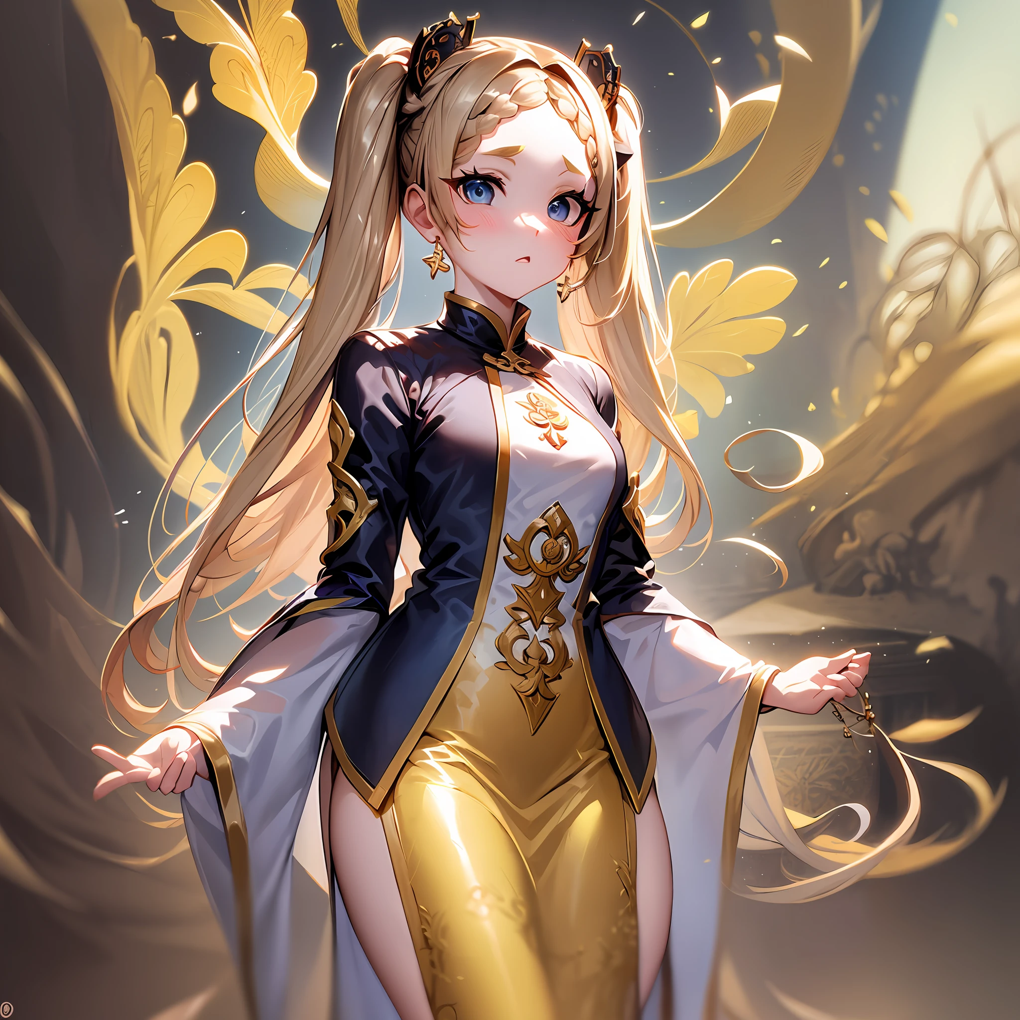 Complex and fractal Ao Dai, thick eyebrows, female brat, small, pigtails, beautiful blonde, braid, (masterpiece), ((highest quality)), (super detailed), full body anime girl, clean and detailed face, five fingers, textile shading, perfect human body structure, perfect anatomy,