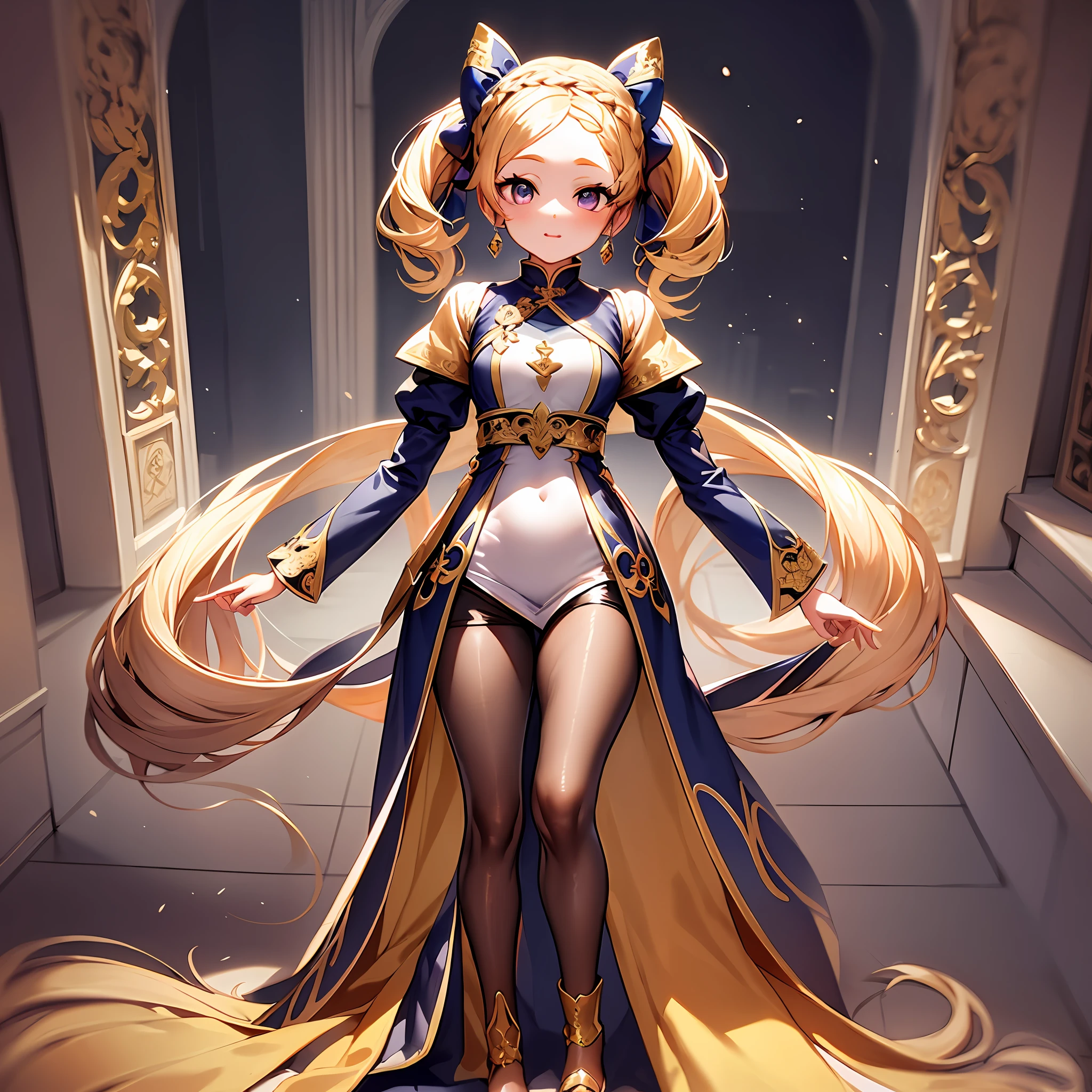 Complex and fractal Ao Dai, thick eyebrows, female brat, small, pigtails, beautiful blonde, braid, (masterpiece), ((highest quality)), (super detailed), full body anime girl, clean and detailed face, five fingers, textile shading, perfect human body structure, perfect anatomy,