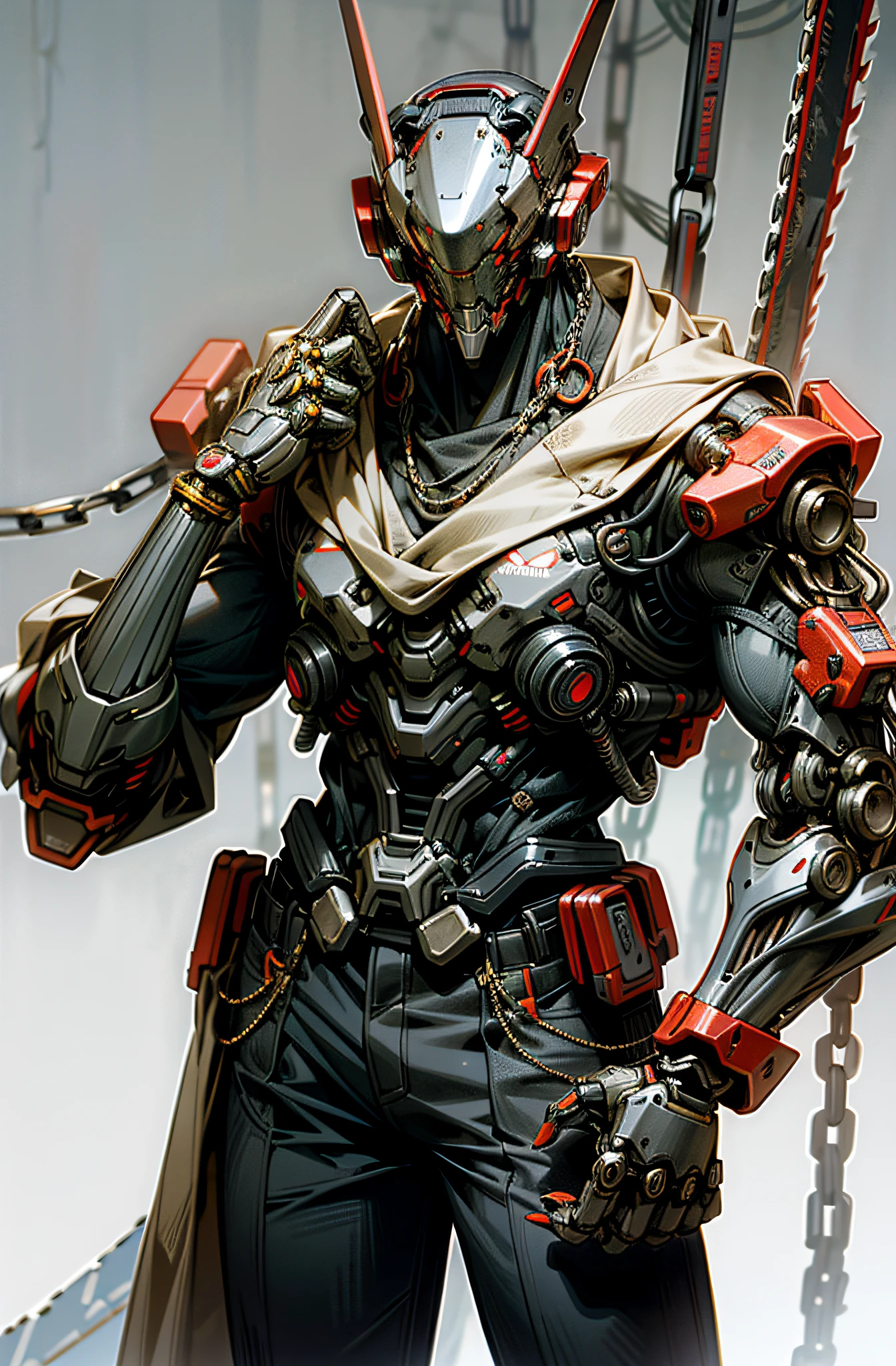 Dark_Fantasy,Cyberpunk,(chain saw,chain saw man,Red:1.1),1man,Mechanical marvel,Robotic presence,Cybernetic guardian,