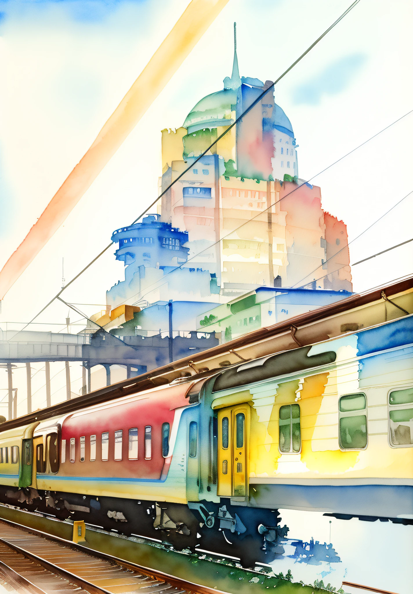 ( watercolor \(middle\), drawing, IrisCompiet:1.2), painting electric train on tracks, landscape, sfw, railway, on the background of a beautiful glass building